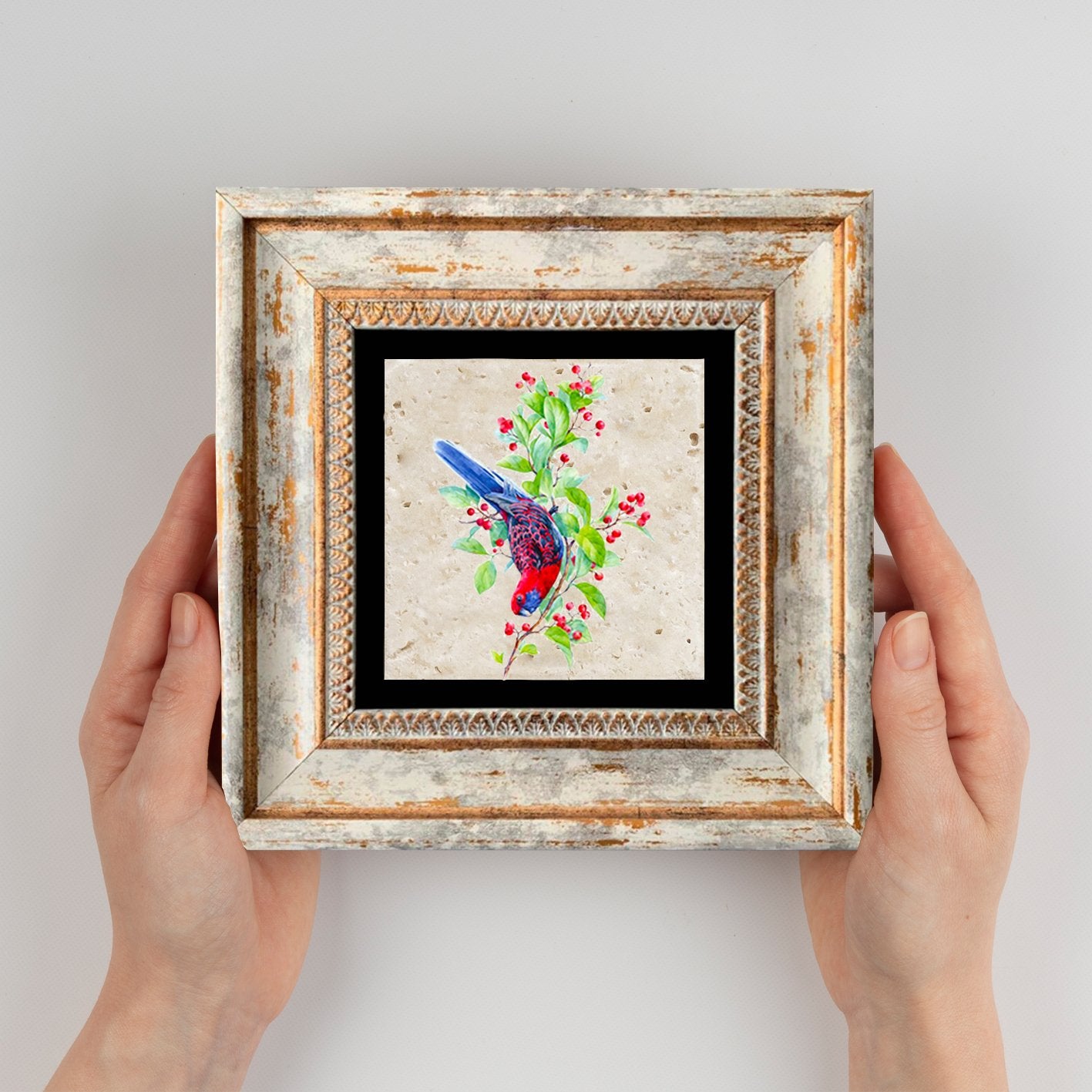 Quadro Decorativo em Pedra Natural com Moldura de Madeira - Impressão UV Multicolor 20x20cm