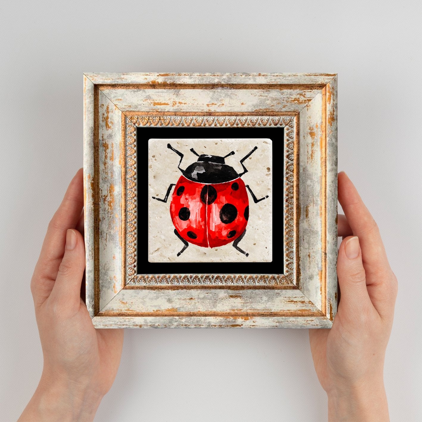 Quadro Decorativo em Pedra Natural com Moldura de Madeira - Impressão UV Multicolor 20x20cm