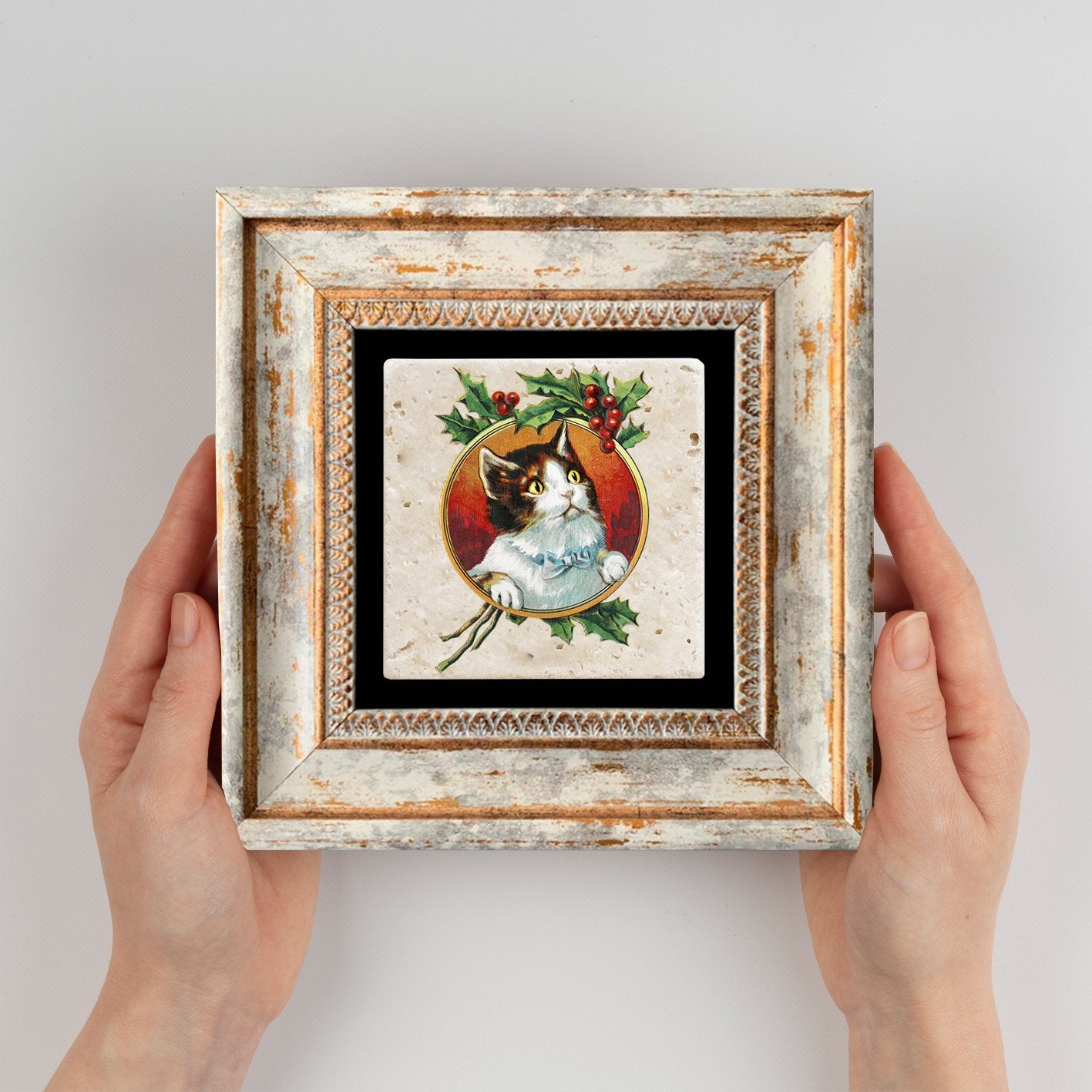 Quadro Decorativo em Pedra Natural com Moldura de Madeira - Impressão UV Multicolor 20x20cm