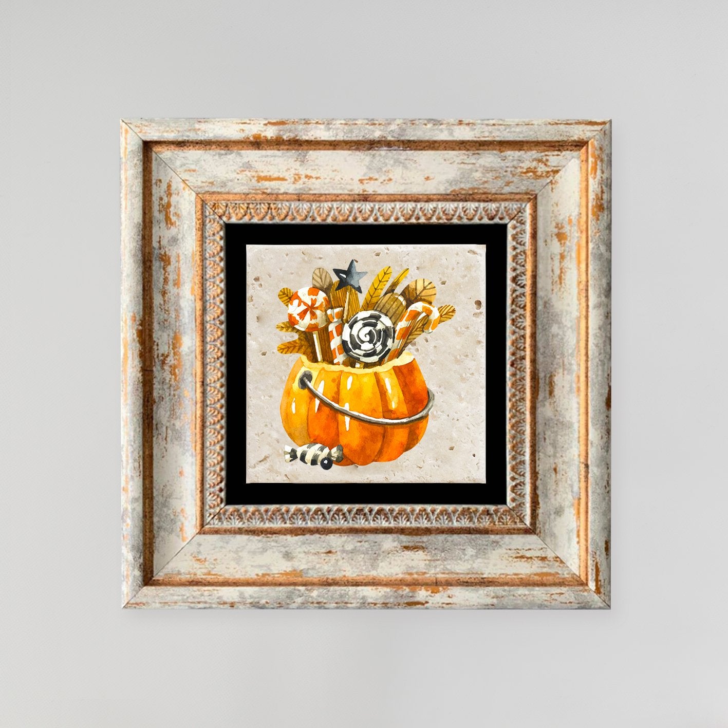 Quadro Decorativo em Pedra Natural com Moldura de Madeira - Impressão UV Multicolor 20x20cm