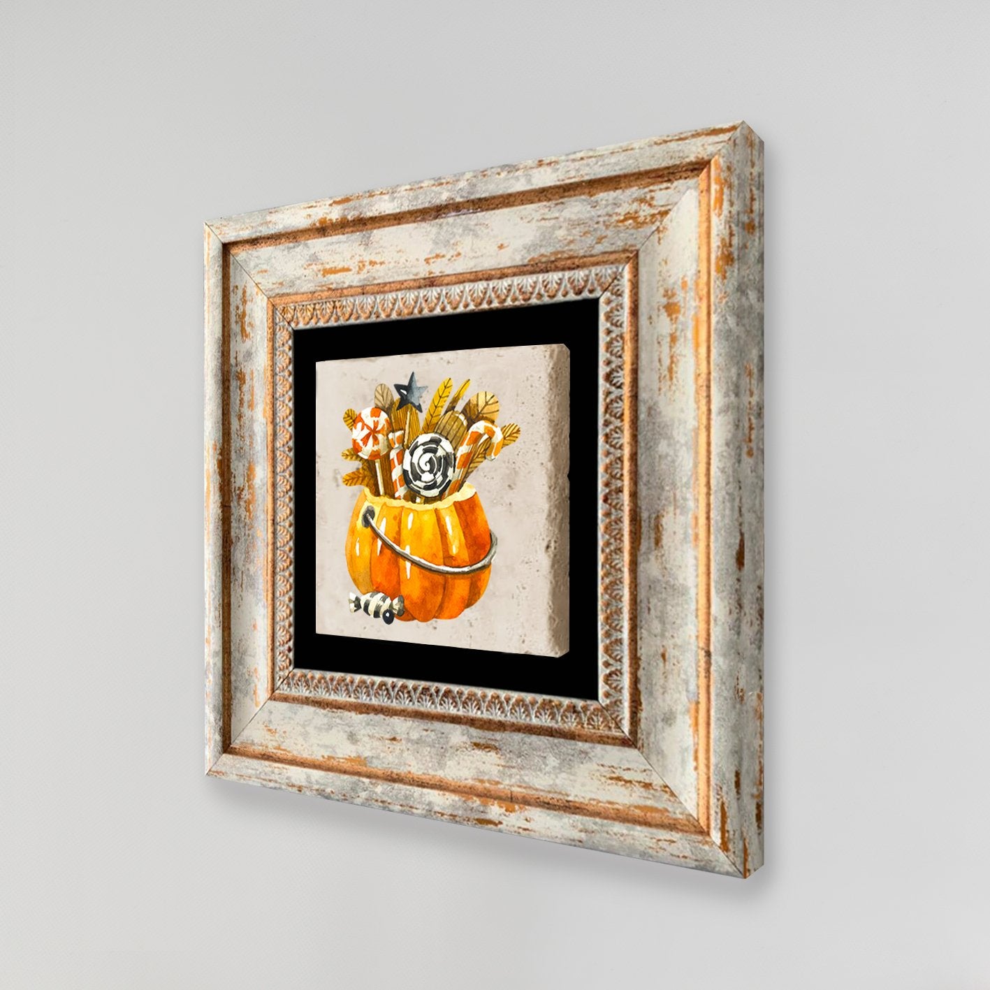 Quadro Decorativo em Pedra Natural com Moldura de Madeira - Impressão UV Multicolor 20x20cm