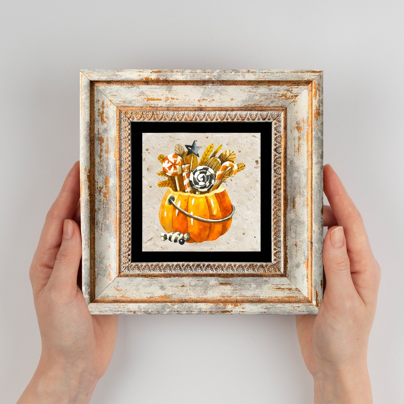 Quadro Decorativo em Pedra Natural com Moldura de Madeira - Impressão UV Multicolor 20x20cm