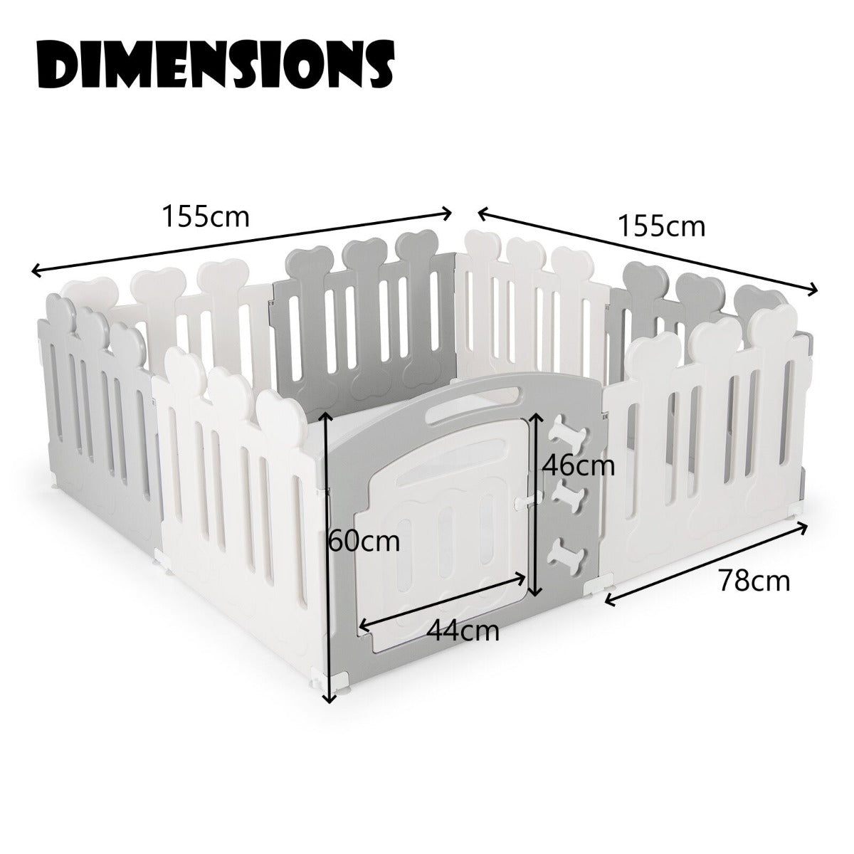 Parque de Jogos para Animais de Estimação de 8 Painéis com Porta para Animais de Até 35cm de Altura 154 x 154 x 60 cm Branco e Cinzento