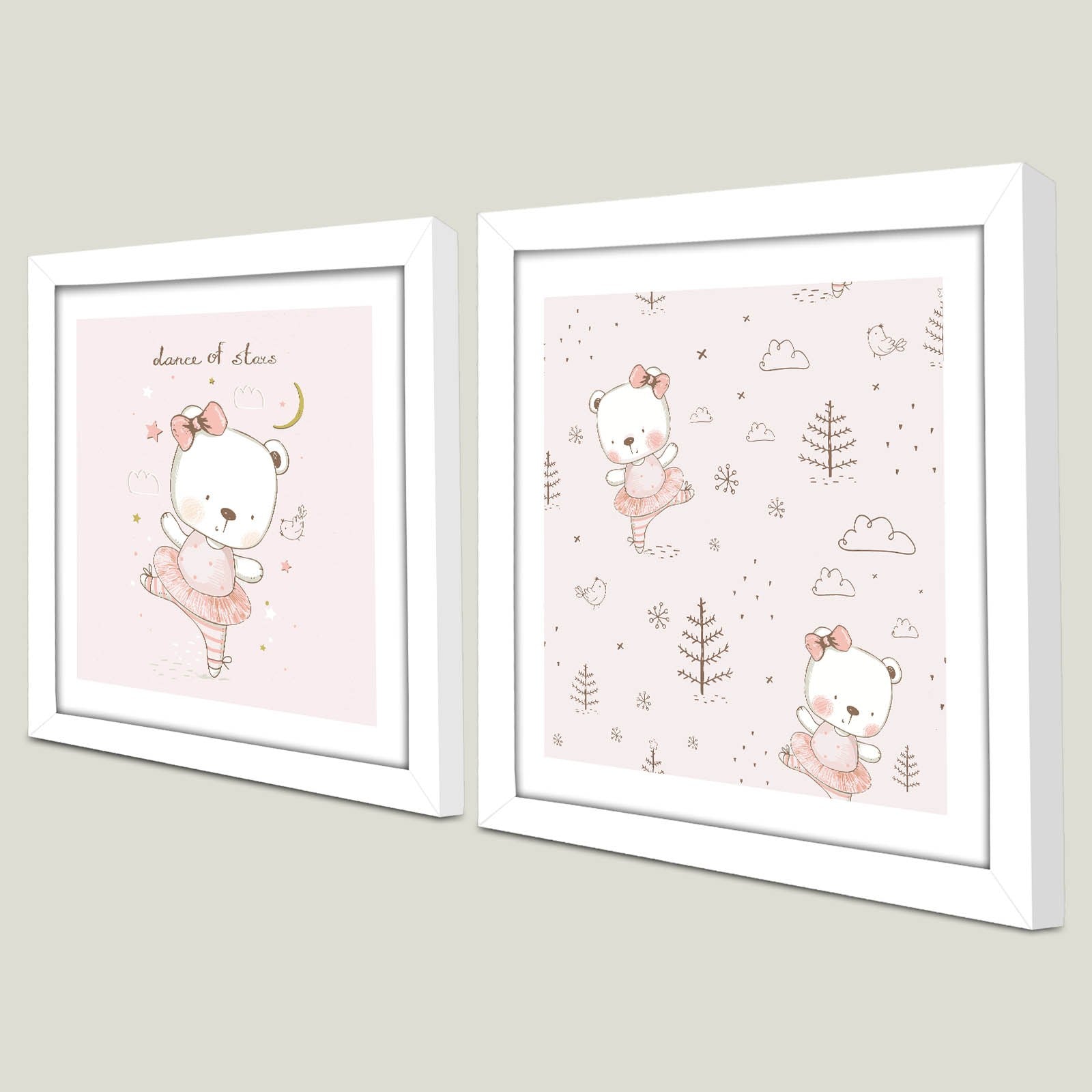 Conjunto de 2 Quadros Decorativos MDF com Moldura - 33x68cm - Branco e Cinza Claro