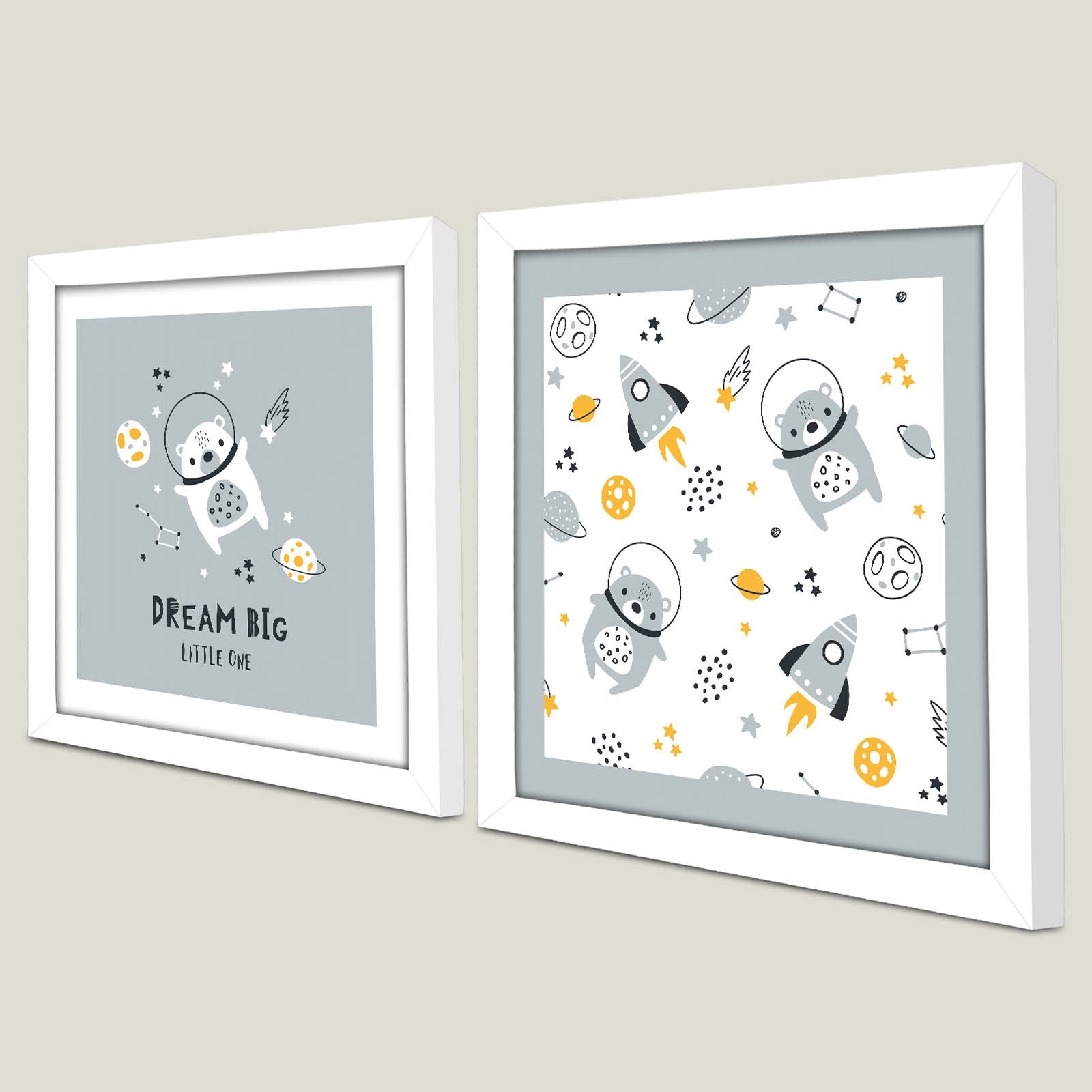 Conjunto de 2 Quadros Decorativos MDF com Moldura - 33x68cm - Disponível em Cinzento, Branco e Amarelo