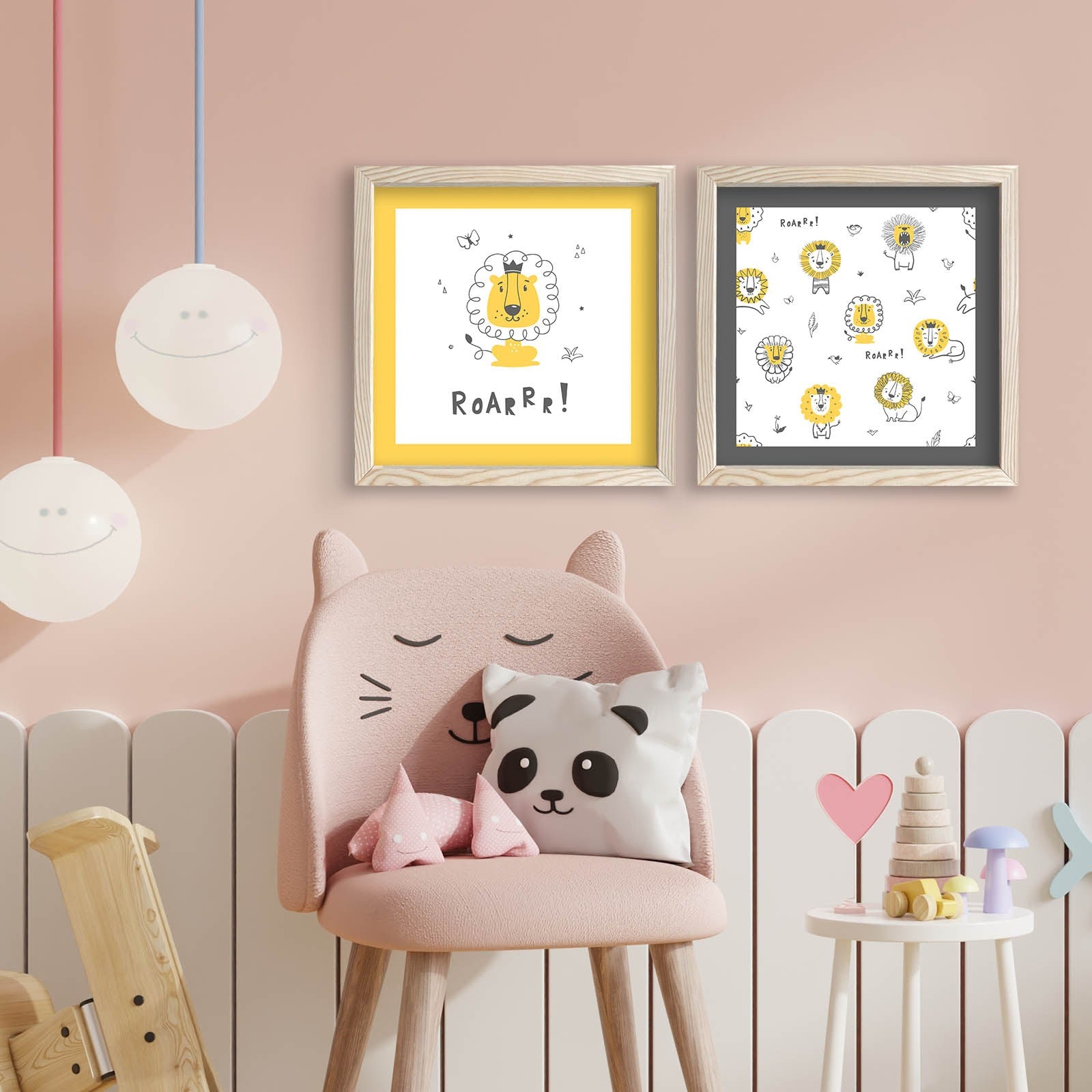 Conjunto de 2 Quadros Decorativos MDF com Moldura - 33x68cm - Amarelo, Branco e Cinza Escuro