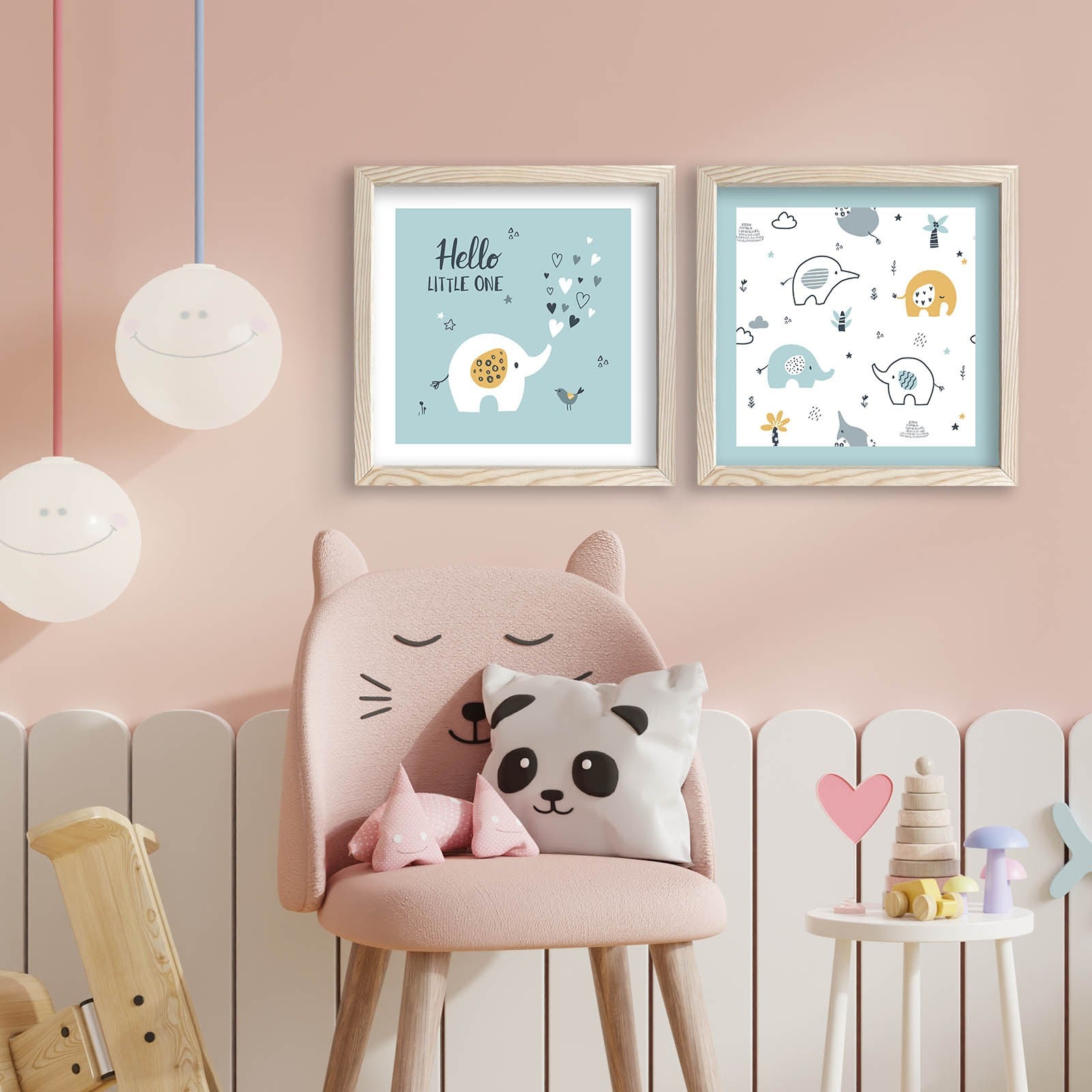 Conjunto de 2 Quadros Decorativos MDF com Moldura - Azul, Branco e Amarelo - 33x68cm