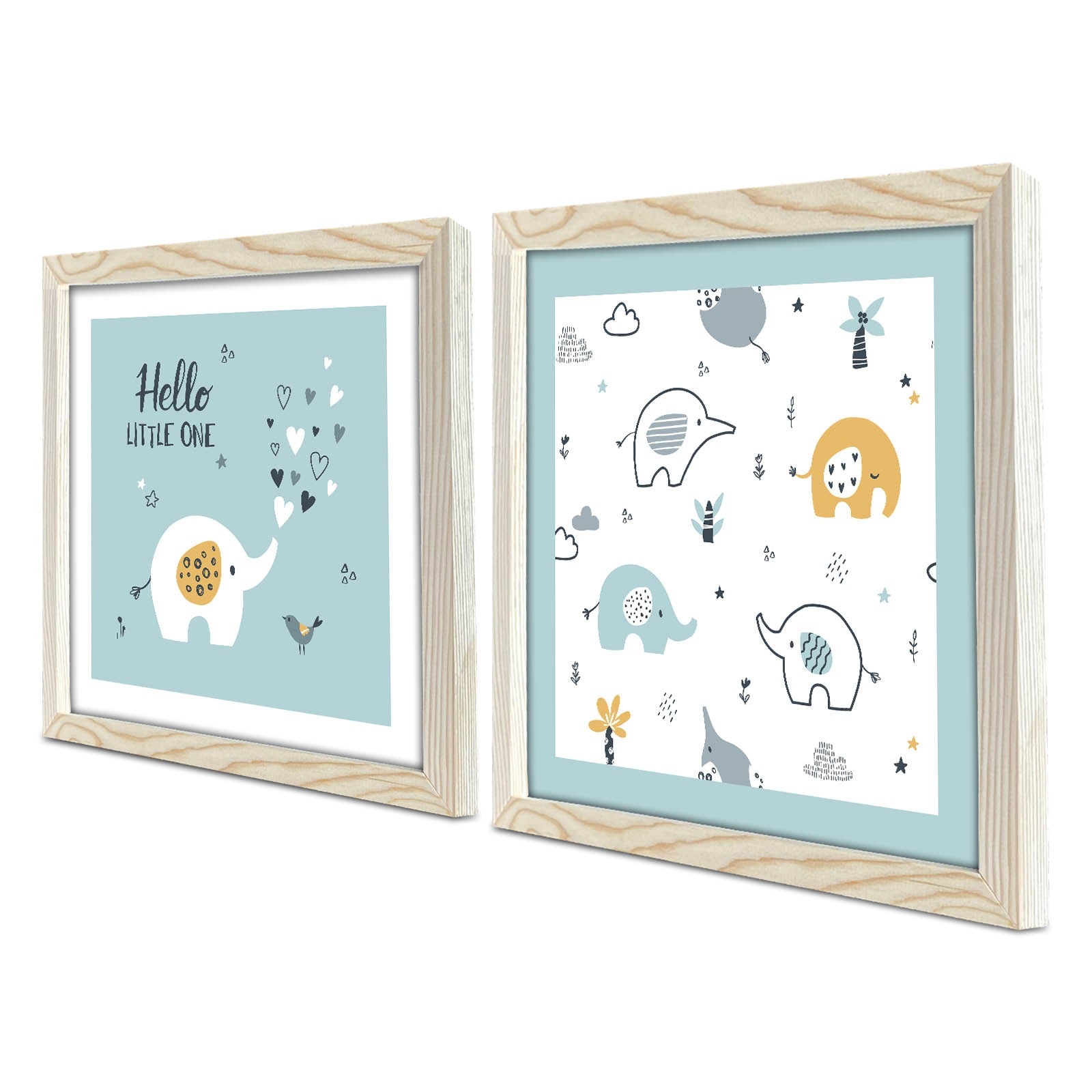 Conjunto de 2 Quadros Decorativos MDF com Moldura - Azul, Branco e Amarelo - 33x68cm