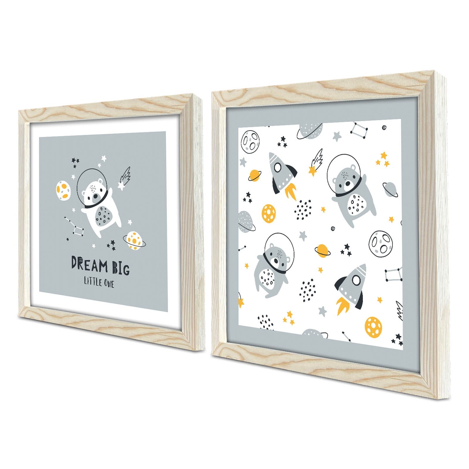 Conjunto de 2 Quadros Decorativos MDF com Moldura - Azul, Branco e Amarelo - 33x68cm