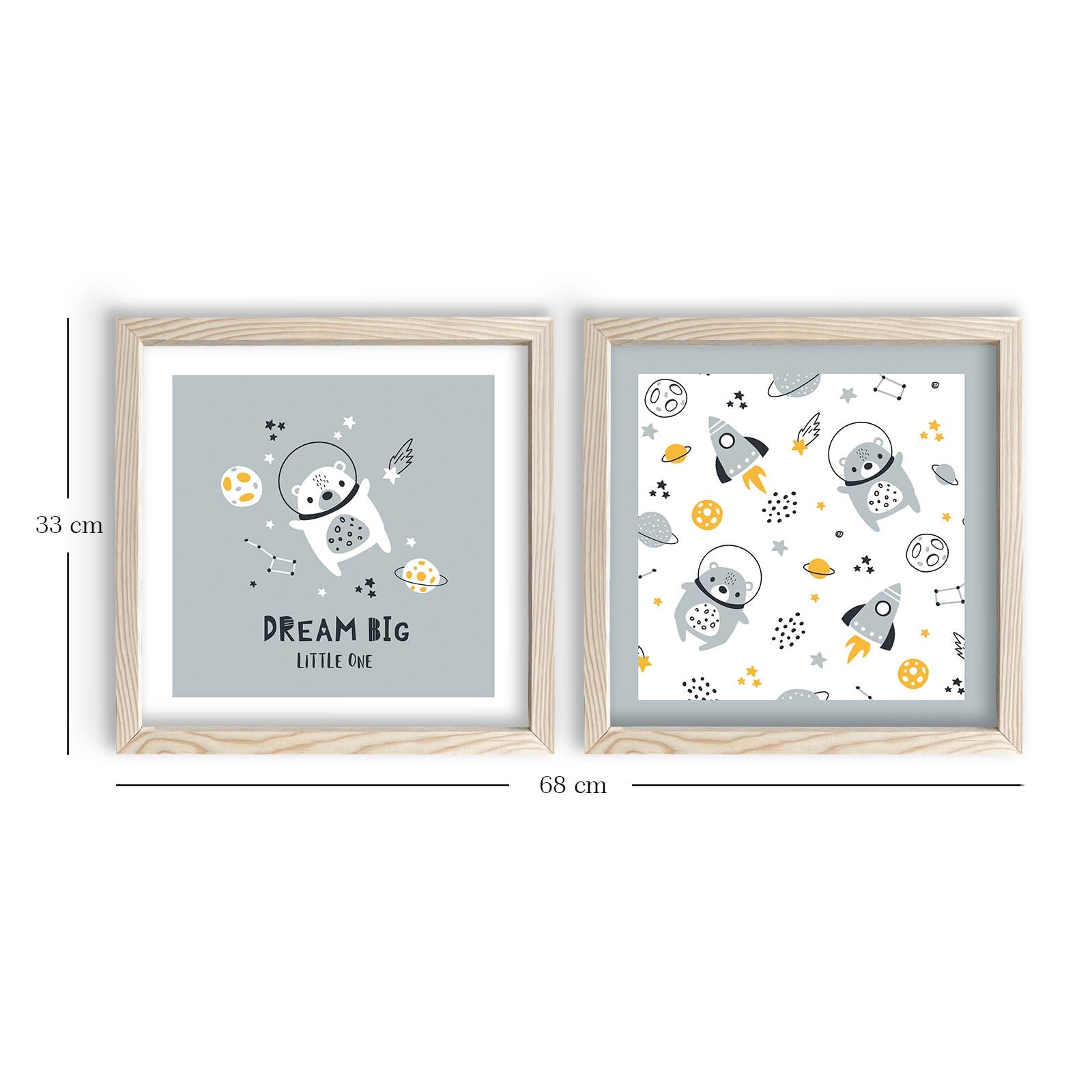 Conjunto de 2 Quadros Decorativos MDF com Moldura - Azul, Branco e Amarelo - 33x68cm