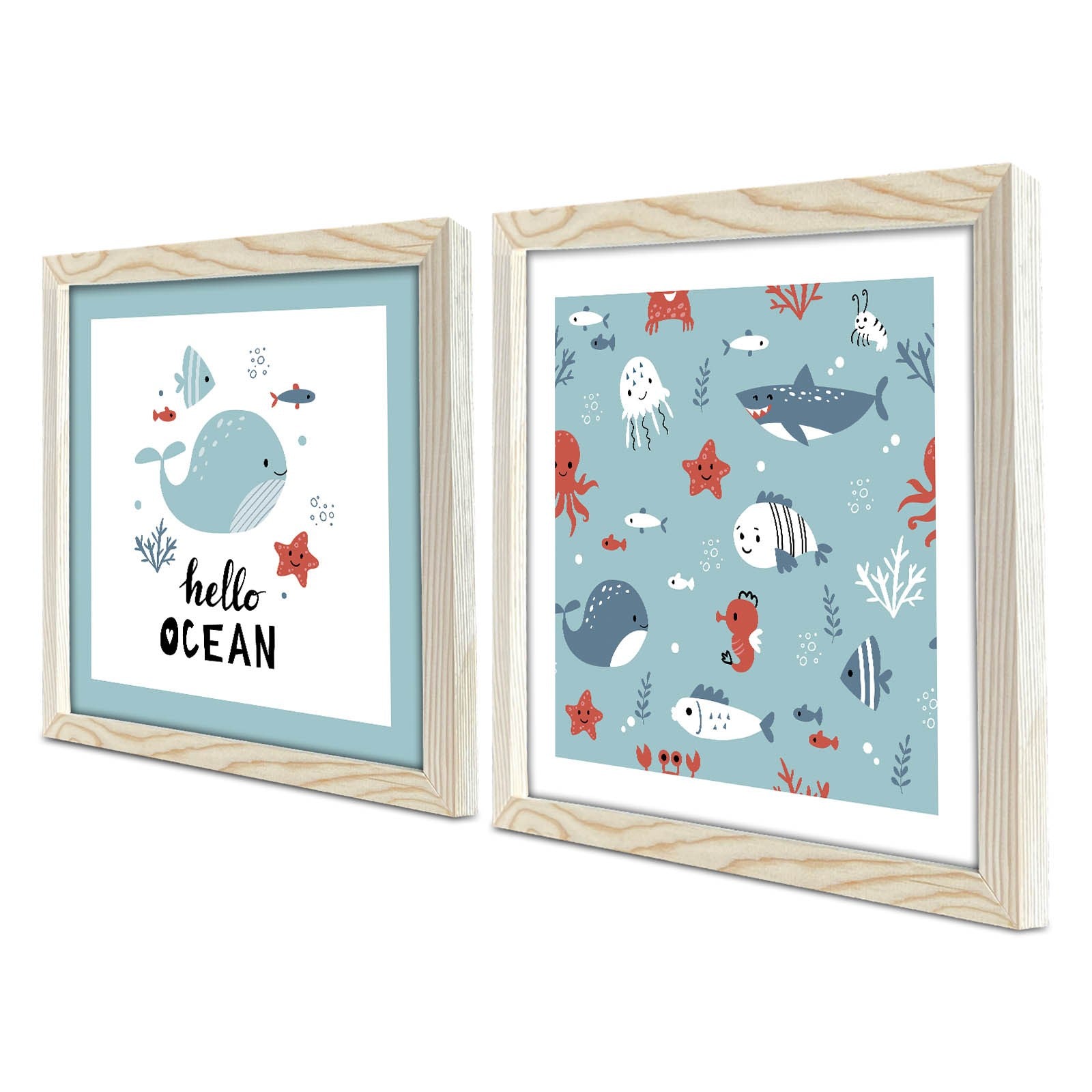 Conjunto de 2 Quadros Decorativos MDF com Moldura - Azul e Branco 33x68cm