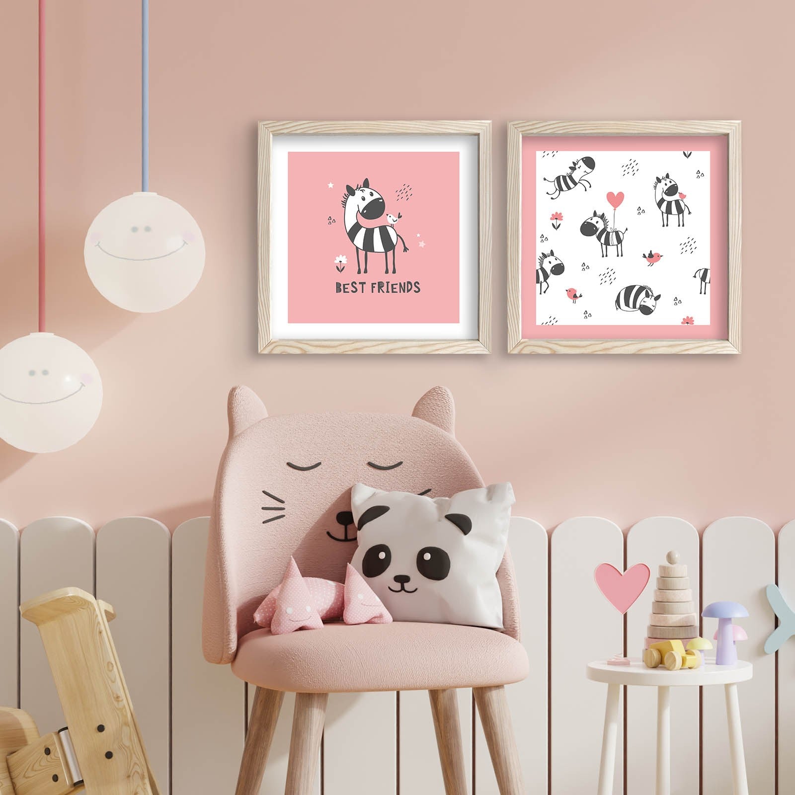 Conjunto de 2 Quadros Decorativos MDF com Moldura - 33x68cm - Rosa, Branco e Preto