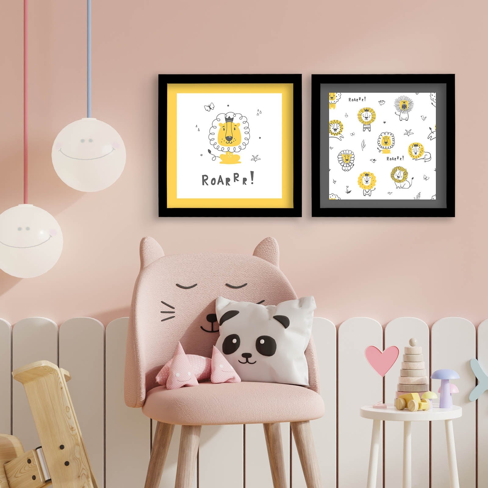 Conjunto de 2 Quadros Decorativos MDF com Moldura - 33x68cm - Amarelo, Branco e Cinza Escuro