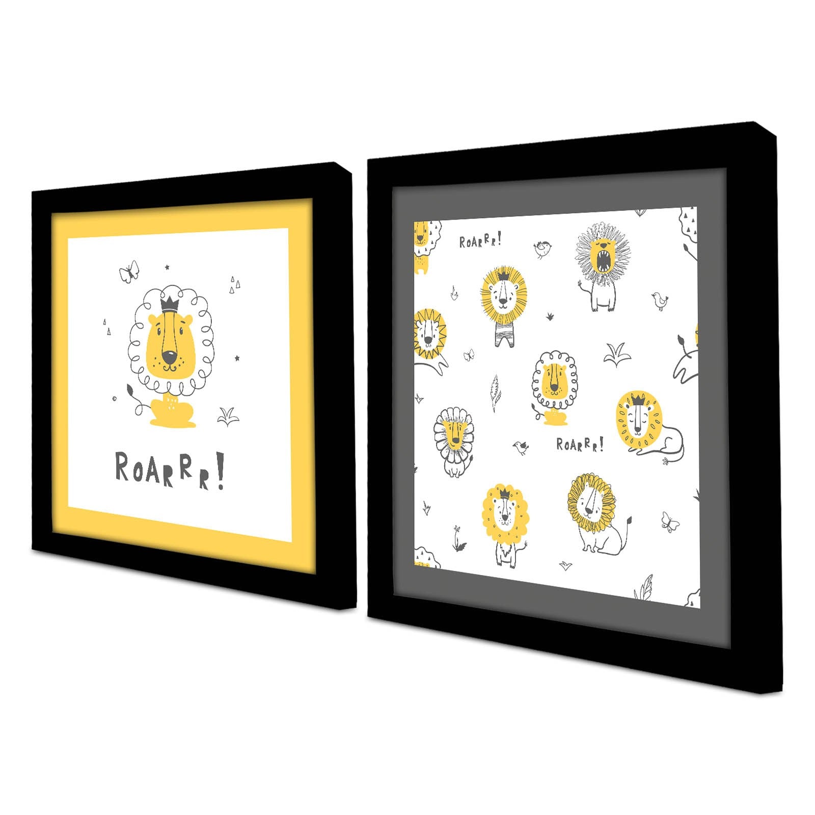 Conjunto de 2 Quadros Decorativos MDF com Moldura - 33x68cm - Amarelo, Branco e Cinza Escuro
