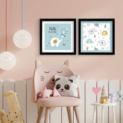 Conjunto de 2 Quadros Decorativos MDF com Moldura - Azul e Branco 33x68cm