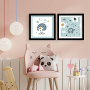 Conjunto de 2 Quadros Decorativos MDF com Moldura - Azul e Branco 33x68cm