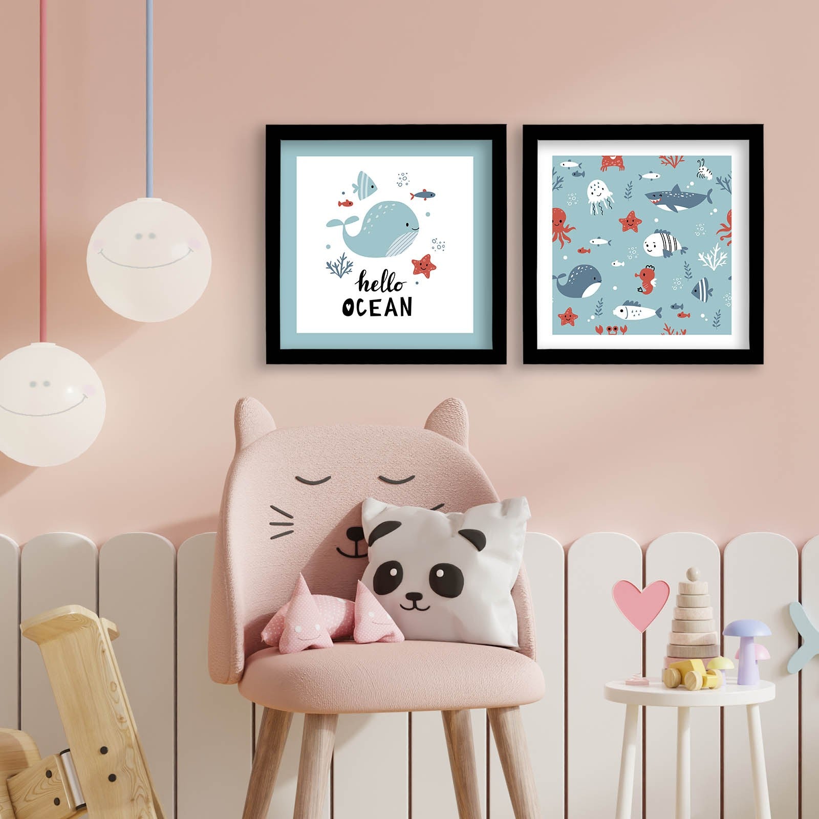 Conjunto de 2 Quadros Decorativos MDF com Moldura - Azul e Branco 33x68cm