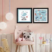 Conjunto de 2 Quadros Decorativos MDF com Moldura - Azul e Branco 33x68cm