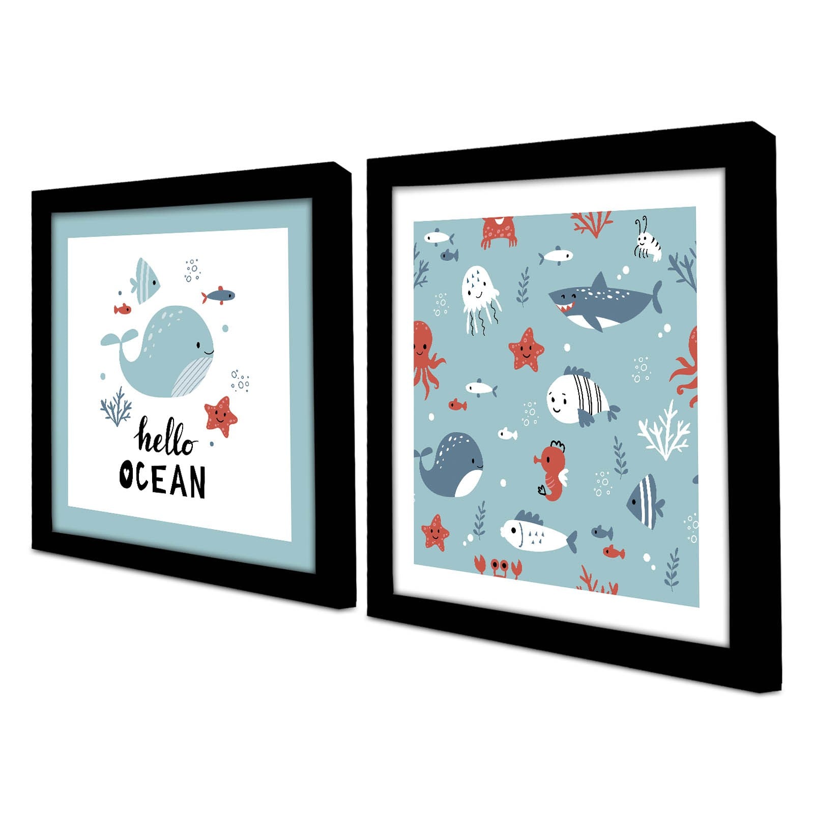 Conjunto de 2 Quadros Decorativos MDF com Moldura - Azul e Branco 33x68cm