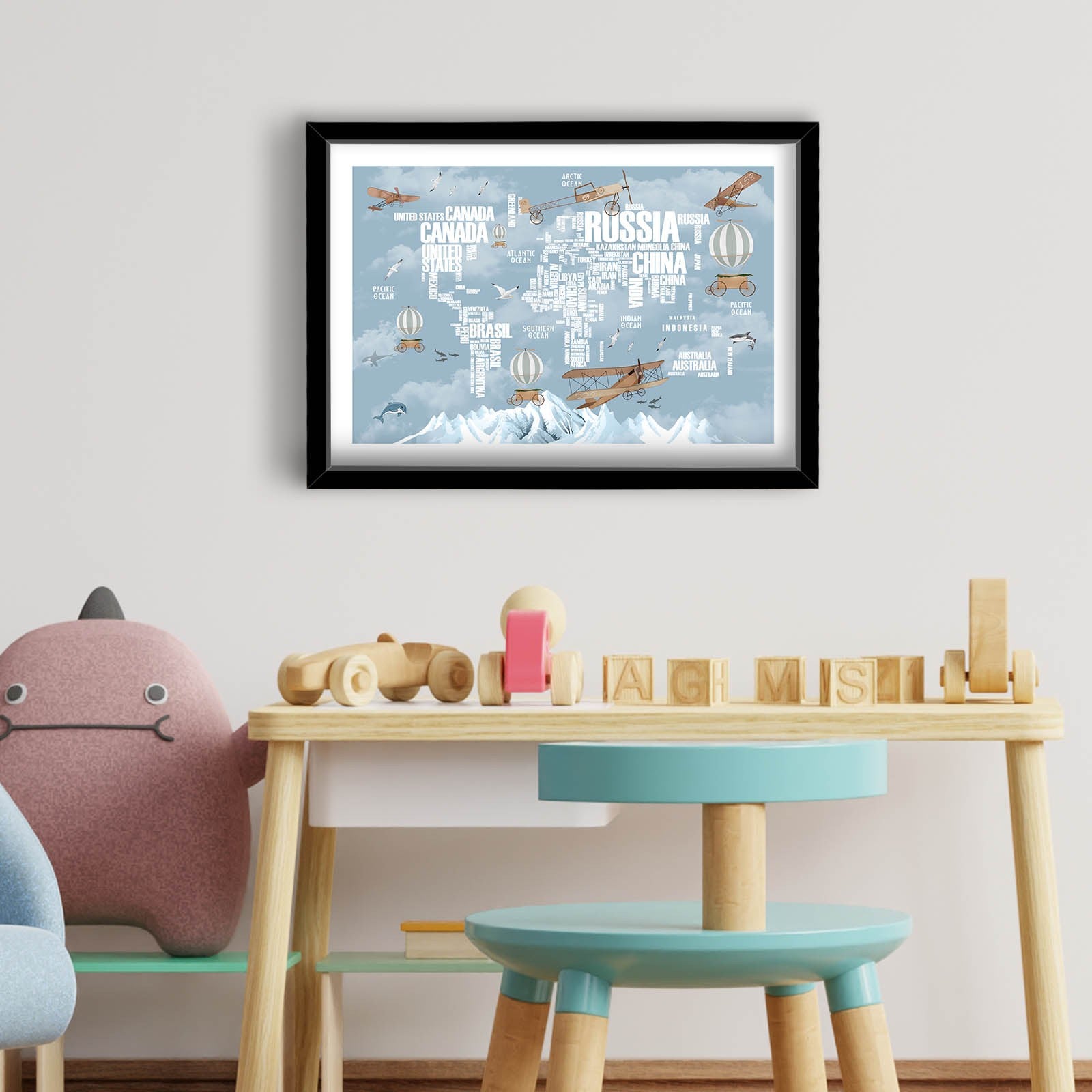 Quadro Decorativo MDF Emoldurado Azul e Branco 38x53cm com Moldura PVC