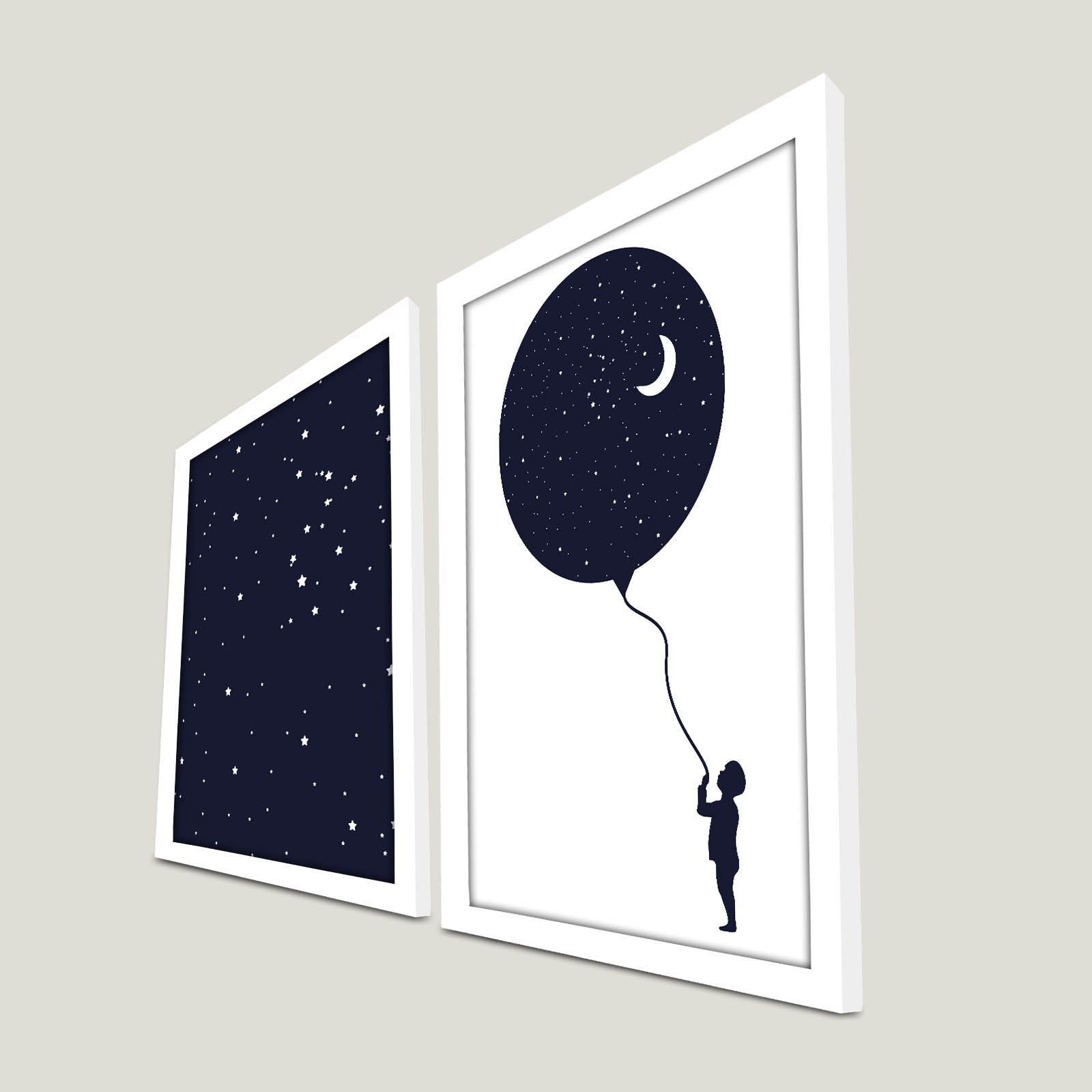 Conjunto de 2 Quadros Decorativos MDF com Moldura - Azul Marinho e Branco 53x78cm