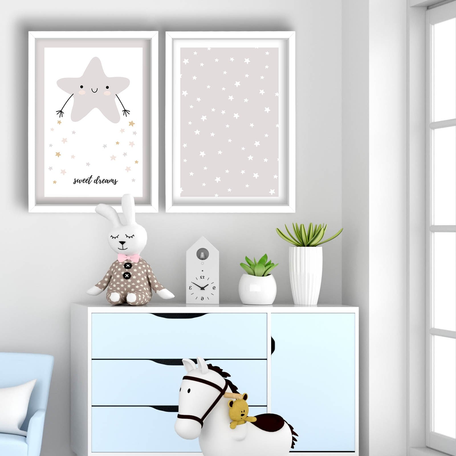 Conjunto de 2 Quadros Decorativos MDF com Moldura - 53x78cm - Branco e Cinza Claro