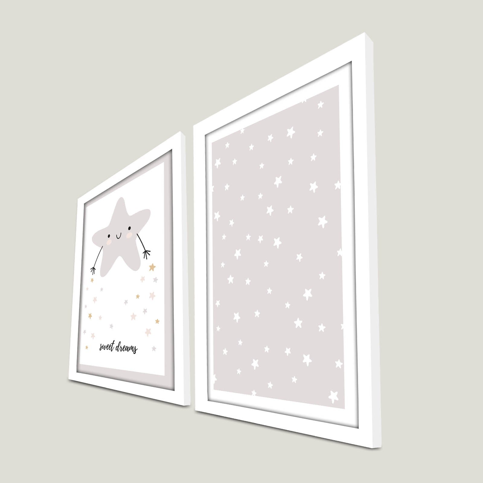 Conjunto de 2 Quadros Decorativos MDF com Moldura - 53x78cm - Branco e Cinza Claro