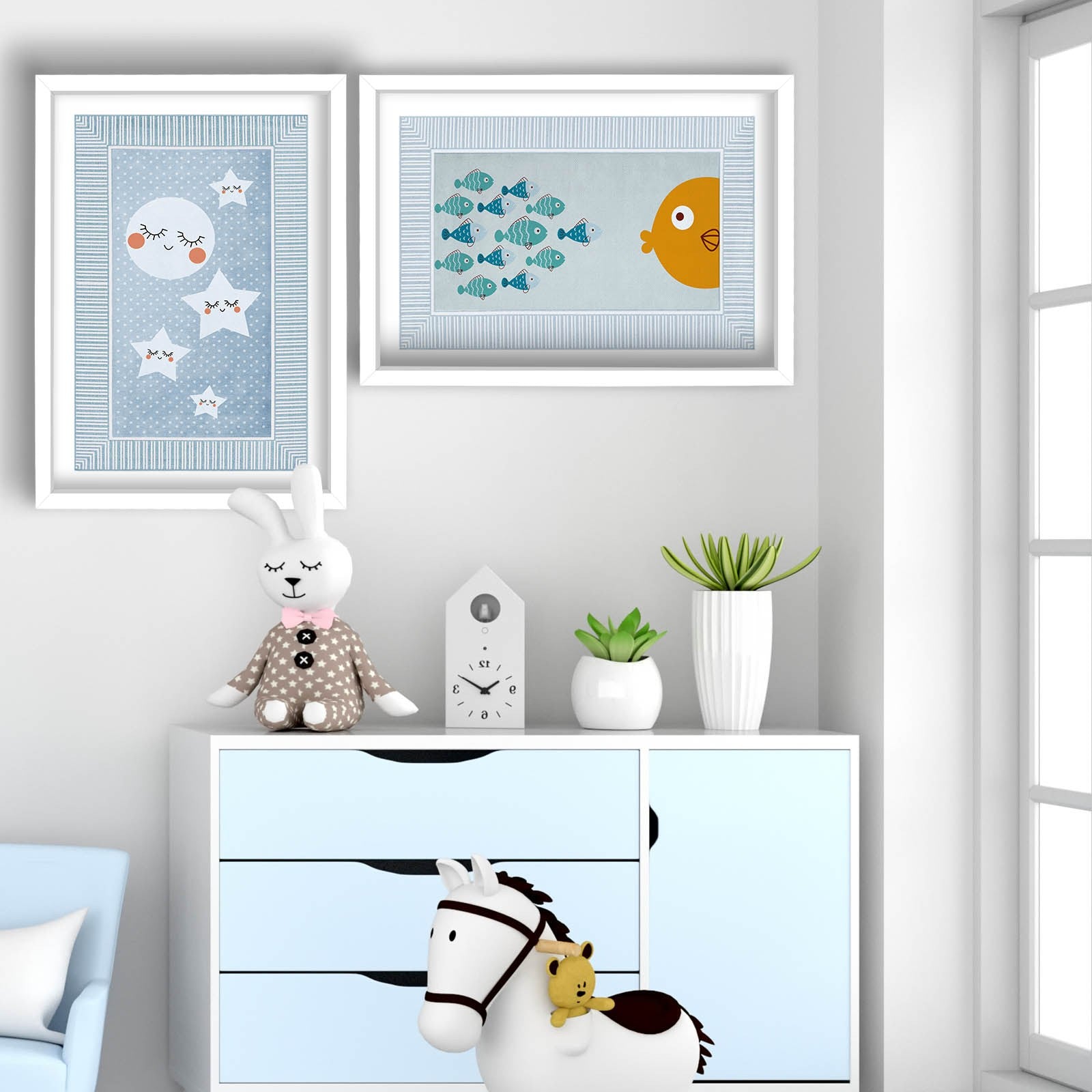 Conjunto de 2 Quadros Decorativos MDF com Moldura - Azul, Branco e Laranja - 53x78cm