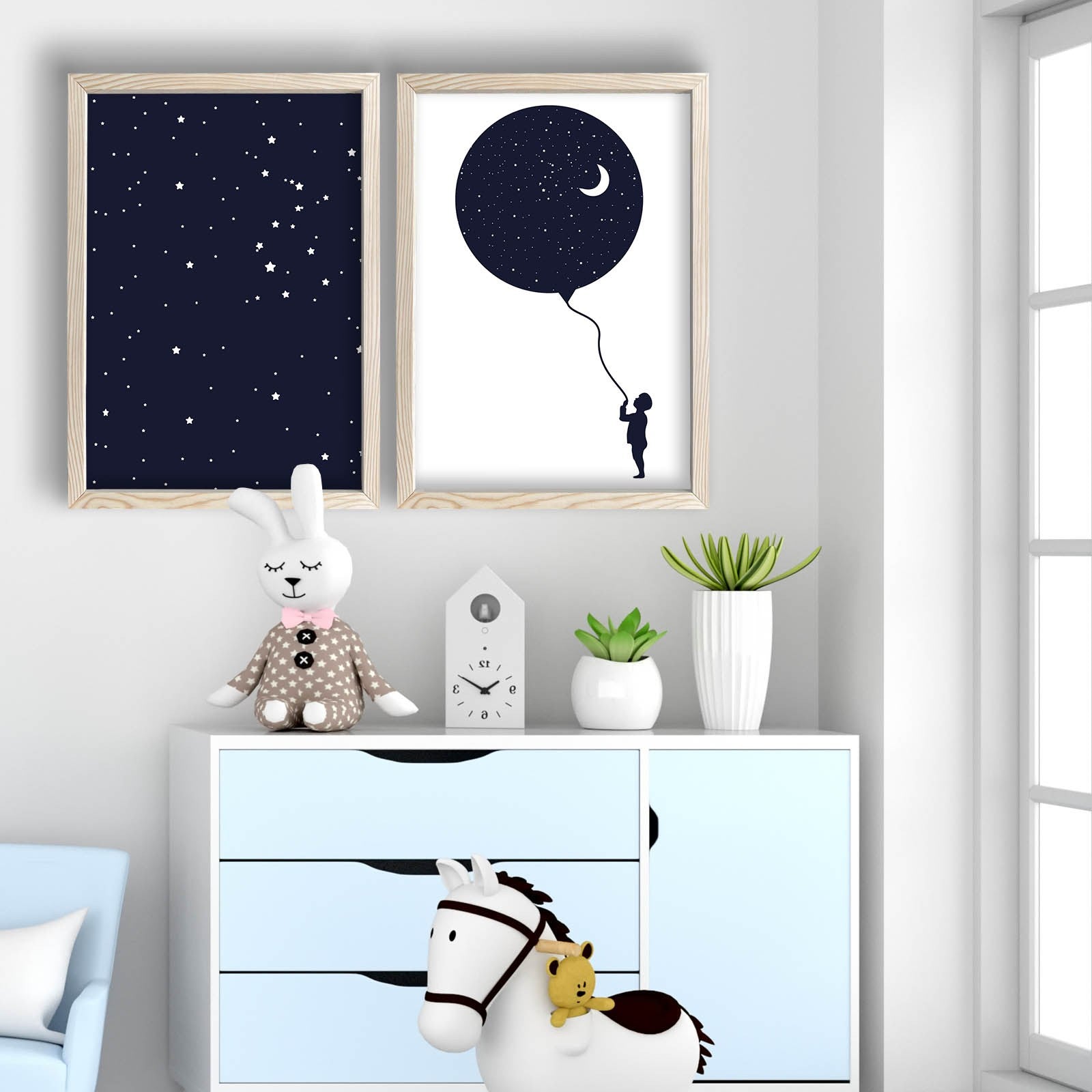 Conjunto de 2 Quadros Decorativos MDF com Moldura - Azul Marinho e Branco 53x78cm