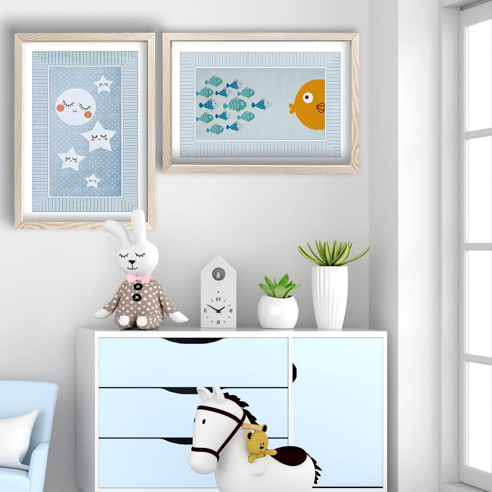 Conjunto de 2 Quadros Decorativos MDF com Moldura - Azul, Laranja e Branco 53x78cm