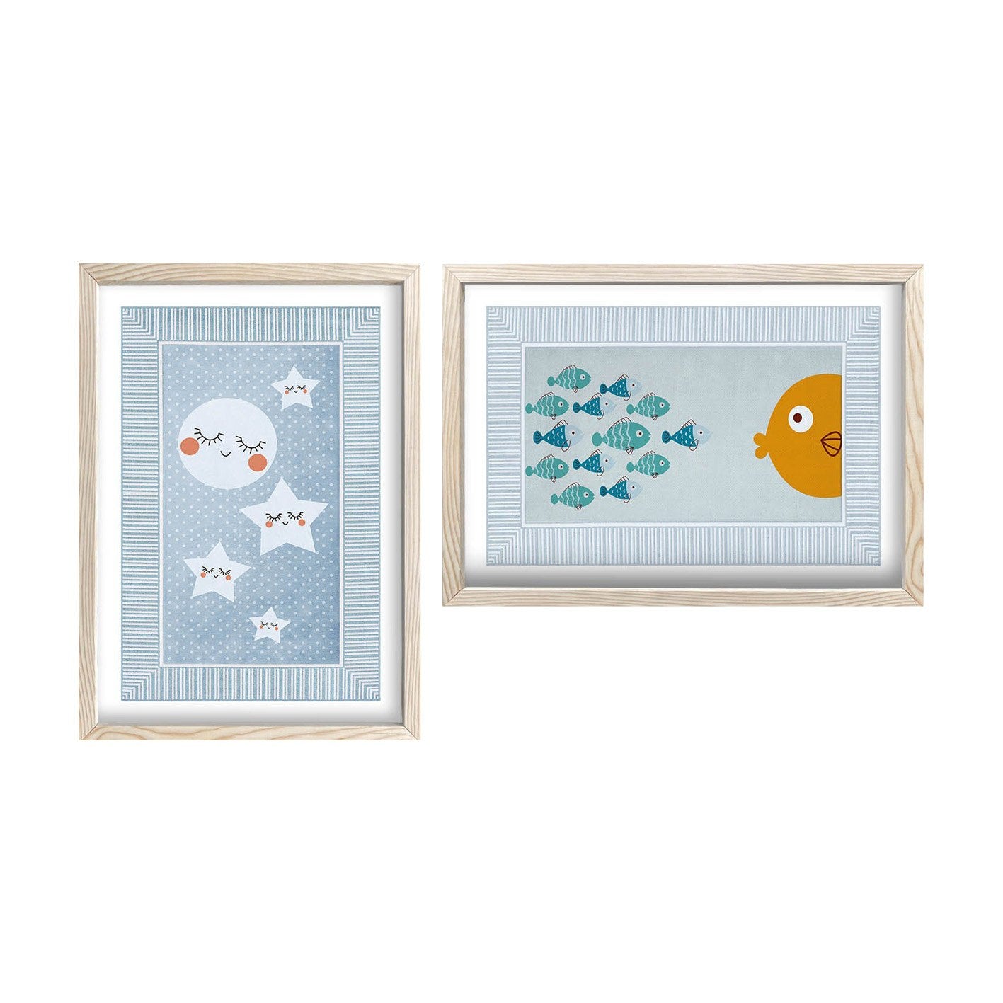 Conjunto de 2 Quadros Decorativos MDF com Moldura - Azul, Laranja e Branco 53x78cm