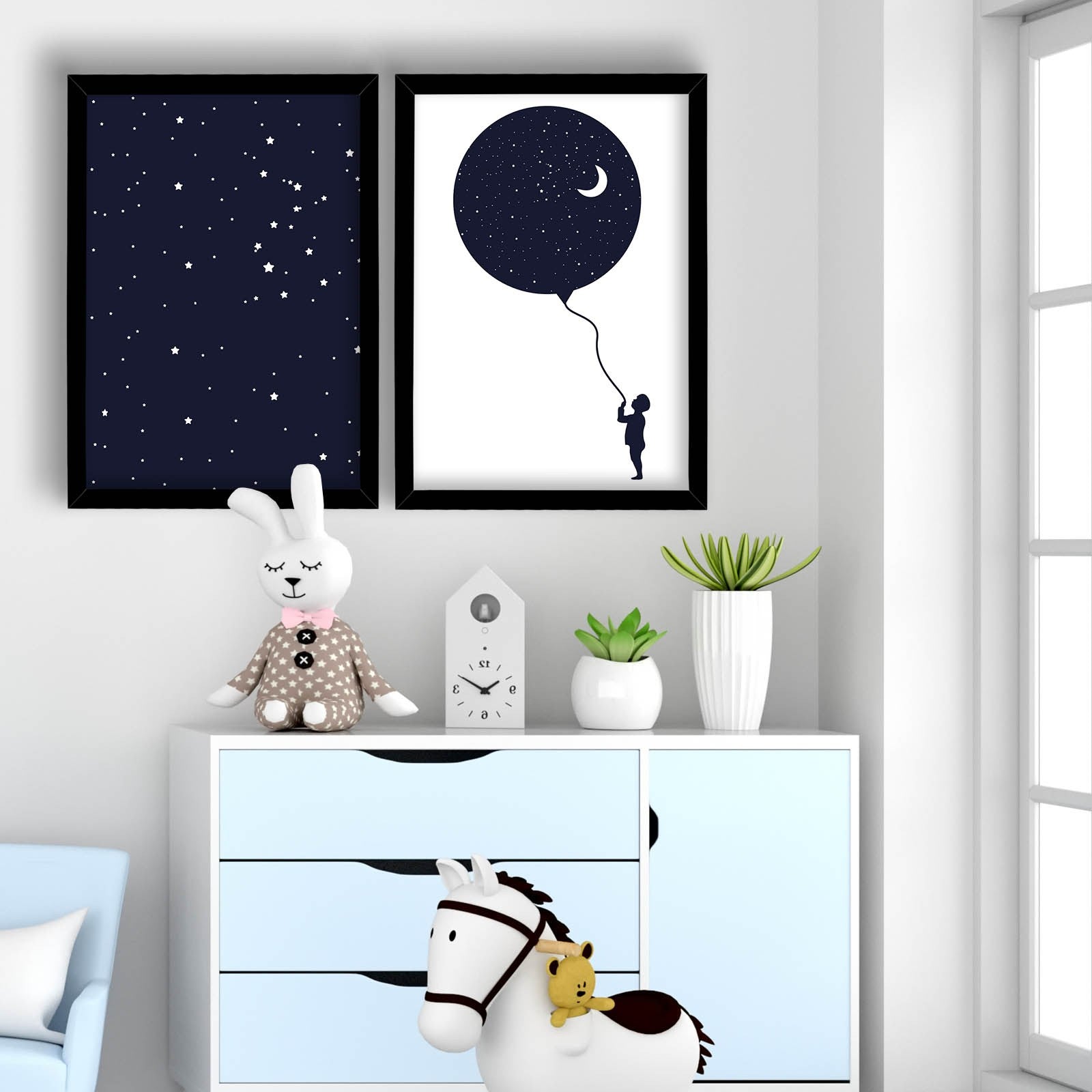 Conjunto de 2 Quadros Decorativos MDF com Moldura - Azul Marinho e Branco 53x78cm