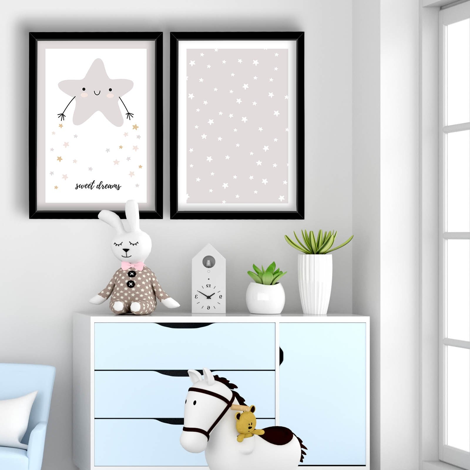 Conjunto de 2 Quadros Decorativos MDF com Moldura - 53x78cm - Branco e Cinza Claro