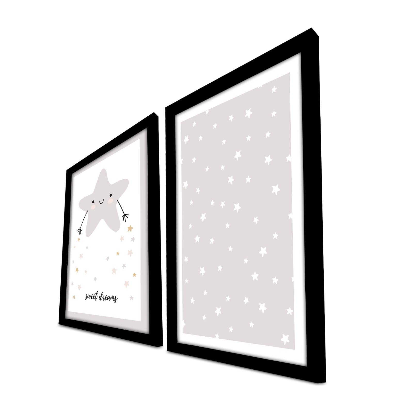 Conjunto de 2 Quadros Decorativos MDF com Moldura - 53x78cm - Branco e Cinza Claro