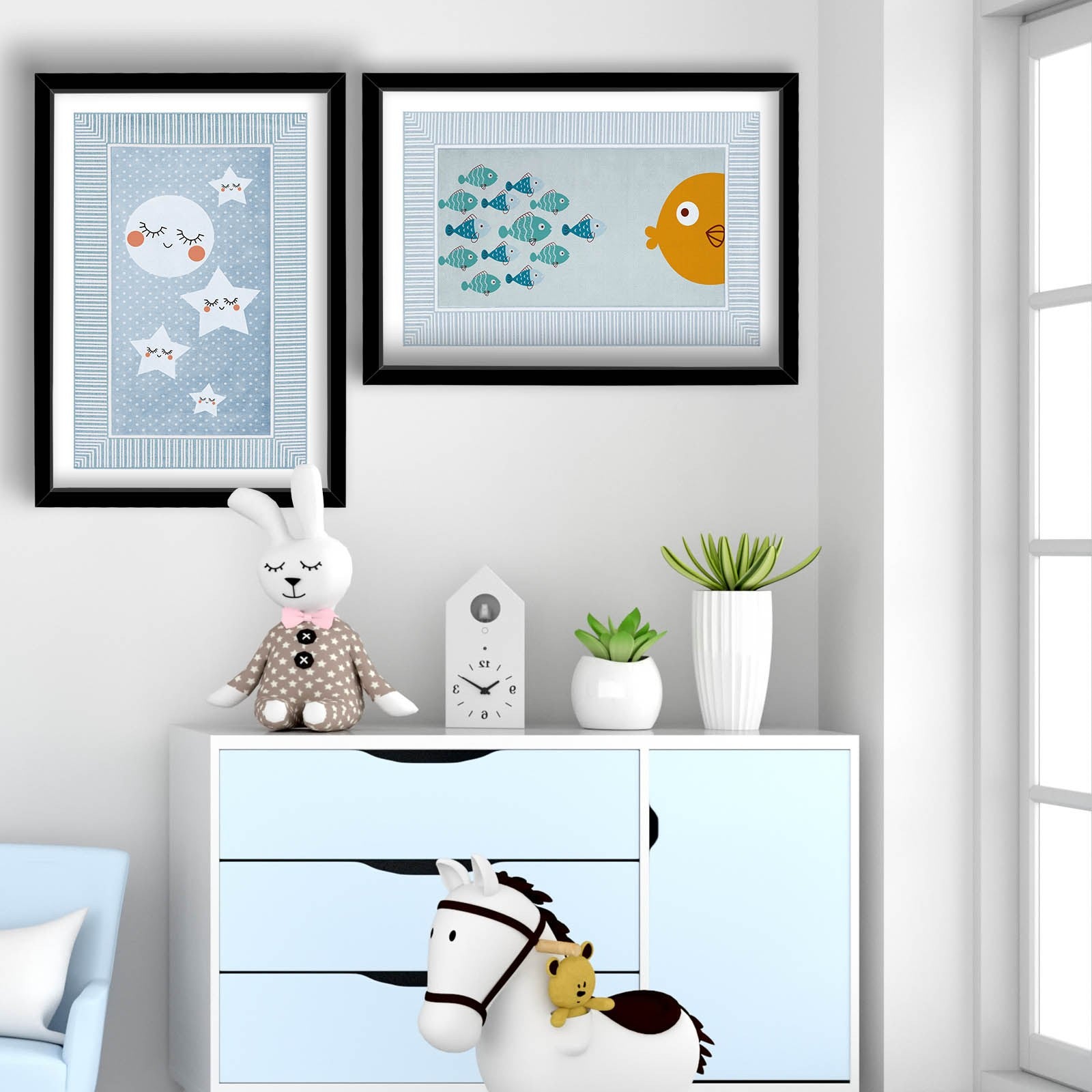 Conjunto de 2 Quadros Decorativos MDF com Moldura - Azul, Laranja e Branco 53x78cm