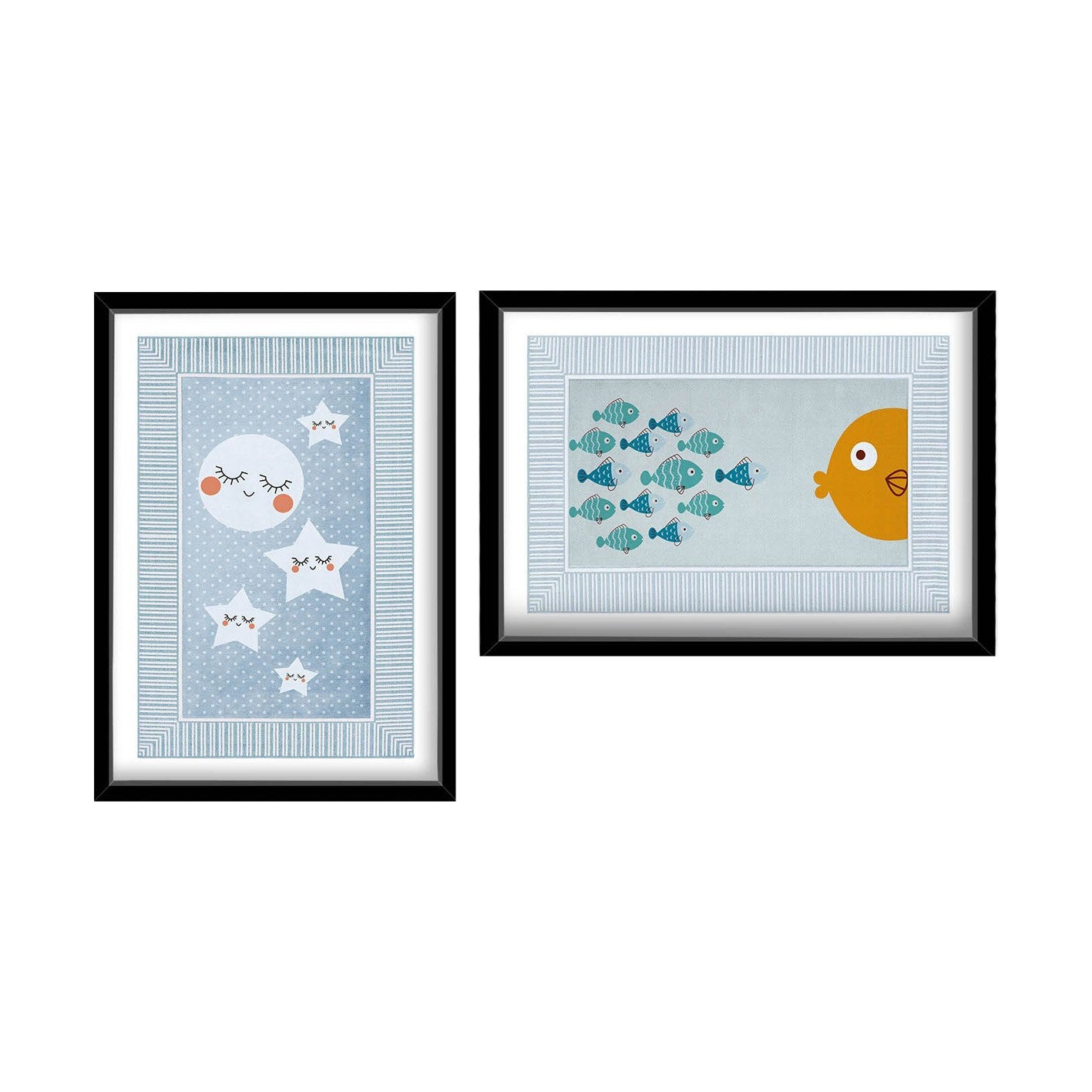 Conjunto de 2 Quadros Decorativos MDF com Moldura - Azul, Laranja e Branco 53x78cm