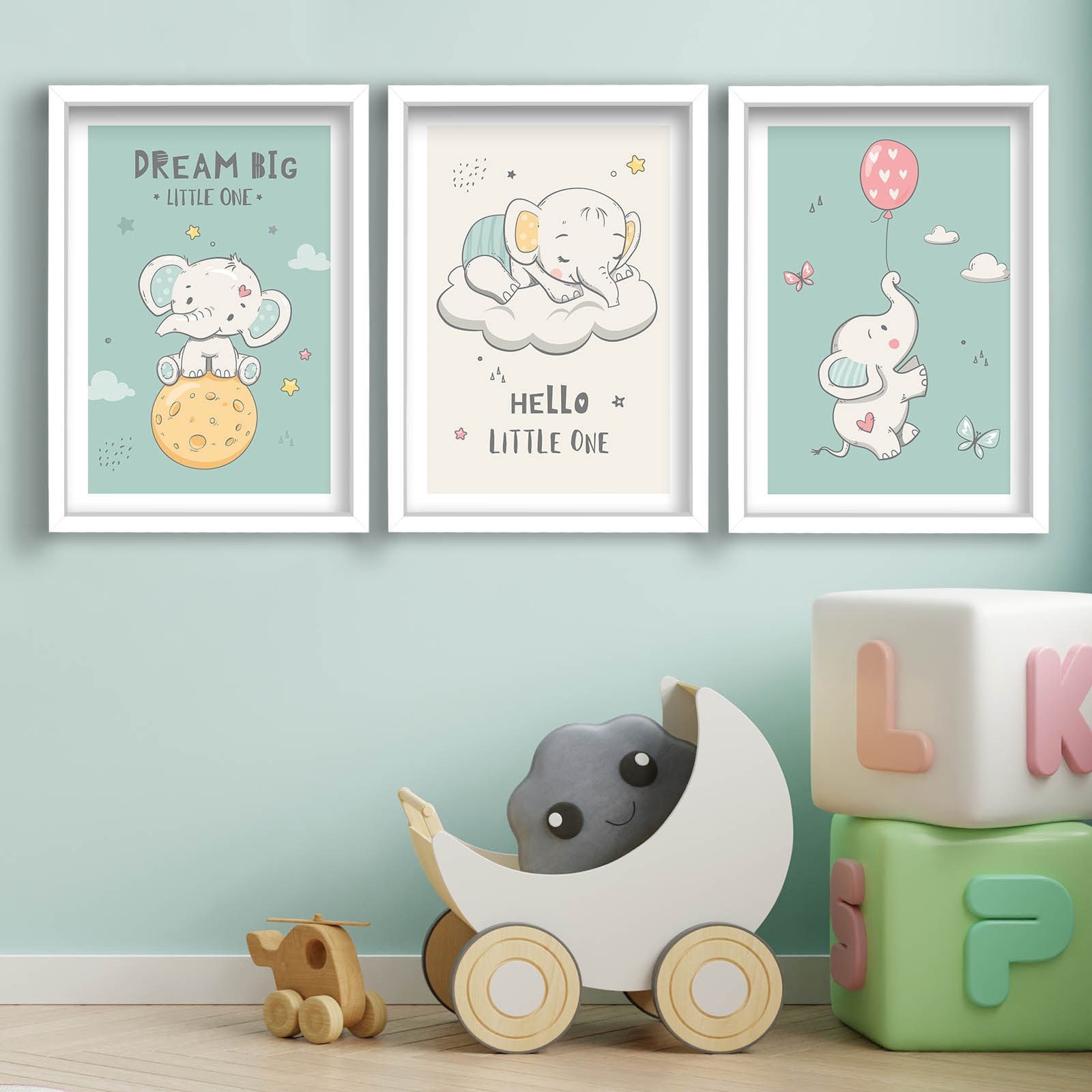 Conjunto de 3 Quadros Decorativos MDF com Moldura - Verde e Branco 53x118cm