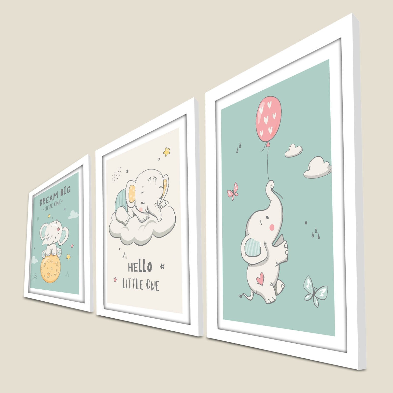 Conjunto de 3 Quadros Decorativos MDF com Moldura - Verde e Branco 53x118cm