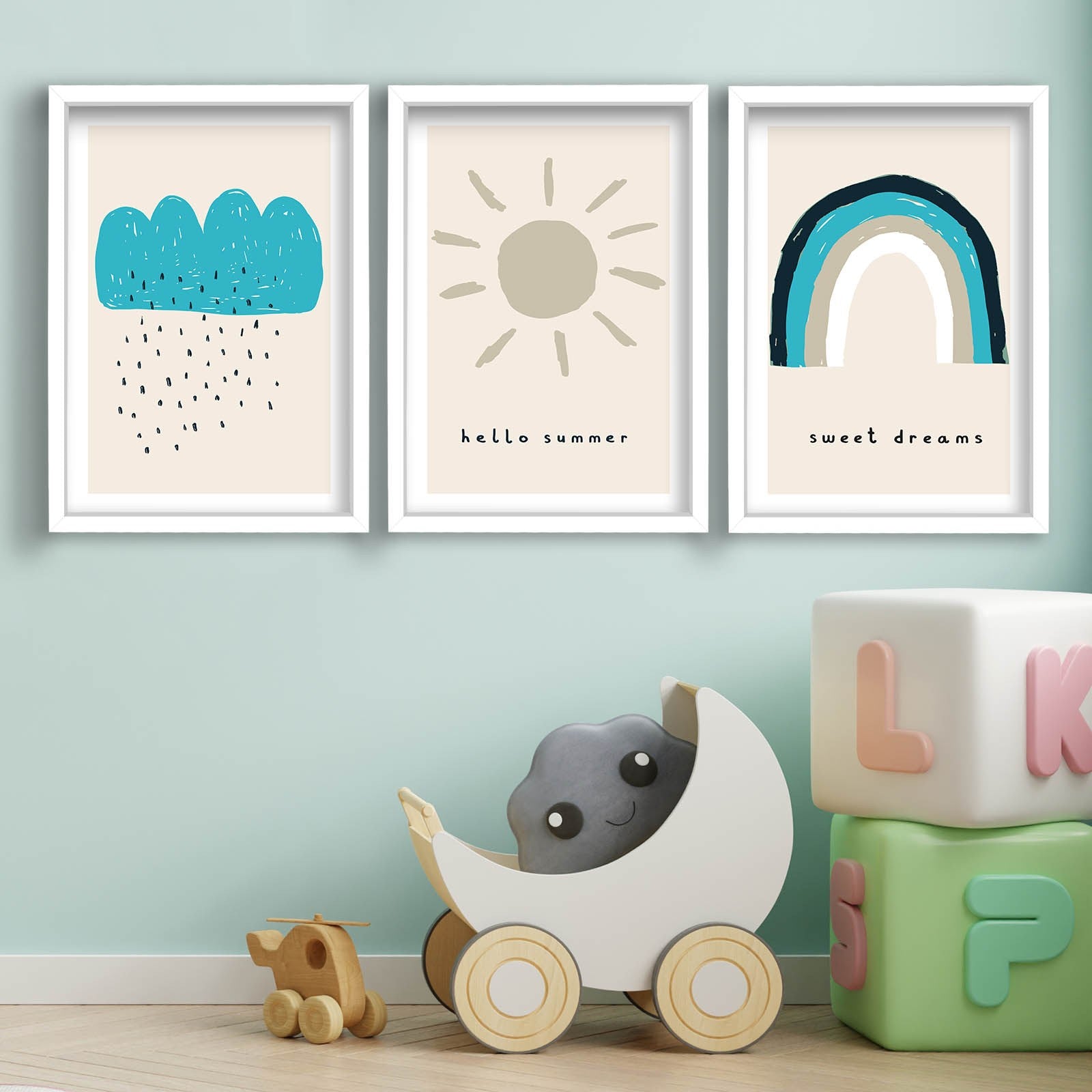 Conjunto de 3 Quadros Decorativos MDF com Moldura - Tons de Azul 53x118cm