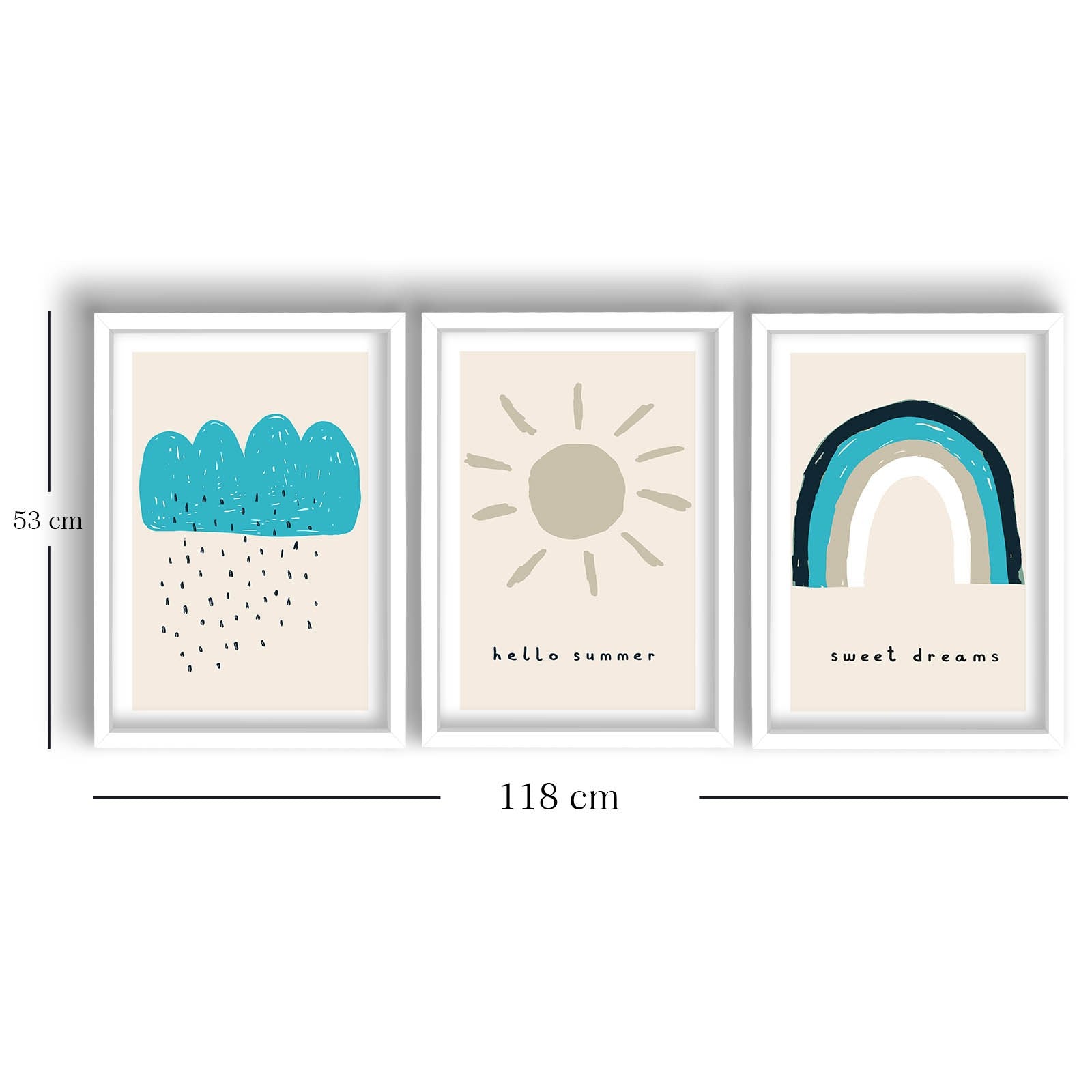 Conjunto de 3 Quadros Decorativos MDF com Moldura - Tons de Azul 53x118cm