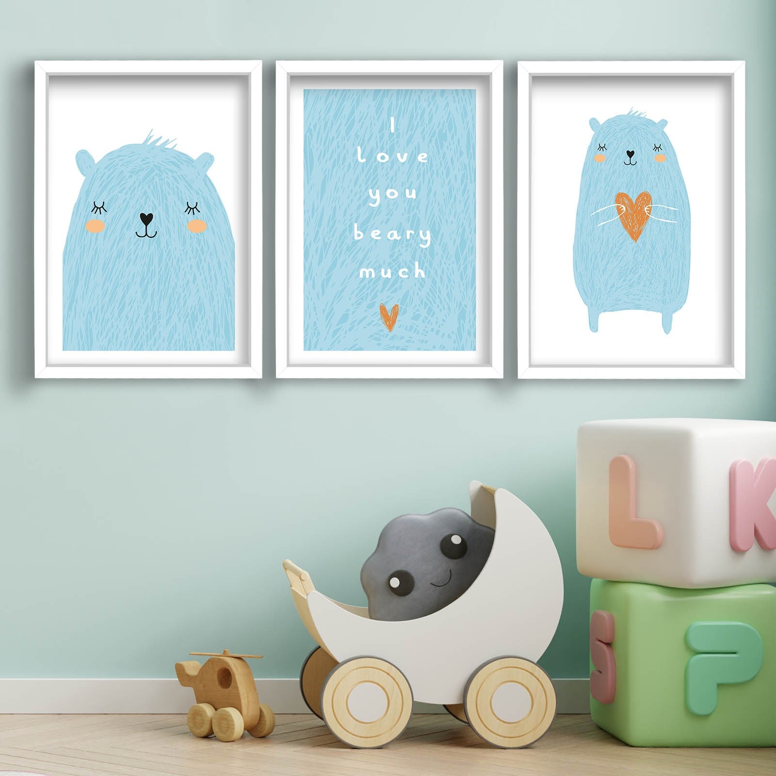 Conjunto de 3 Quadros Decorativos MDF com Moldura - Azul e Branco 53x118cm