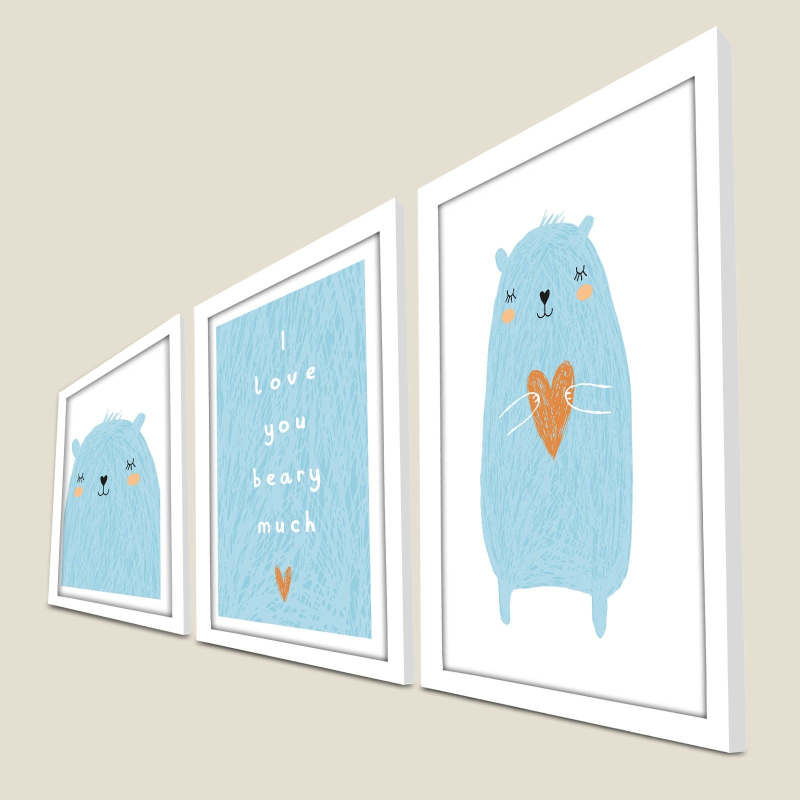 Conjunto de 3 Quadros Decorativos MDF com Moldura - Azul e Branco 53x118cm