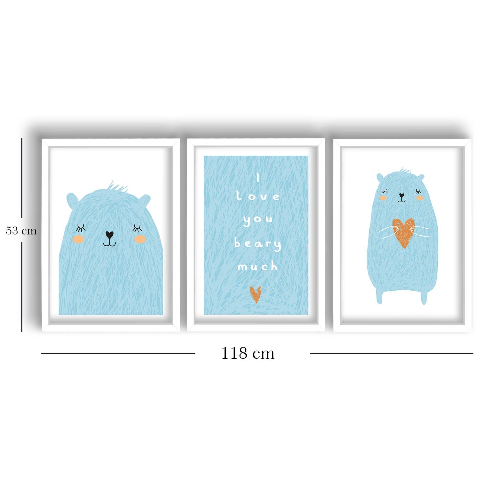 Conjunto de 3 Quadros Decorativos MDF com Moldura - Azul e Branco 53x118cm