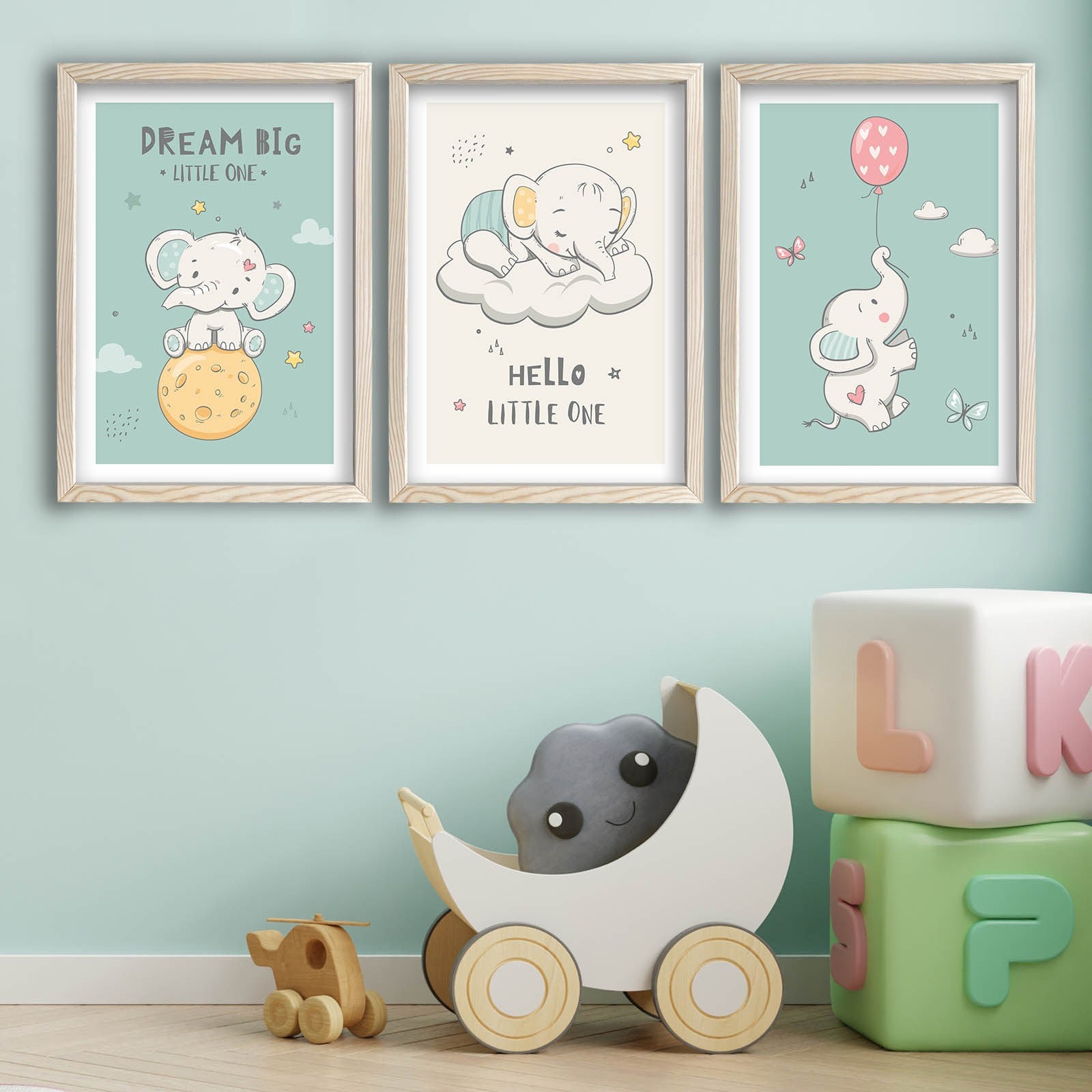 Conjunto de 3 Quadros Decorativos MDF com Moldura - Verde e Branco 53x118cm