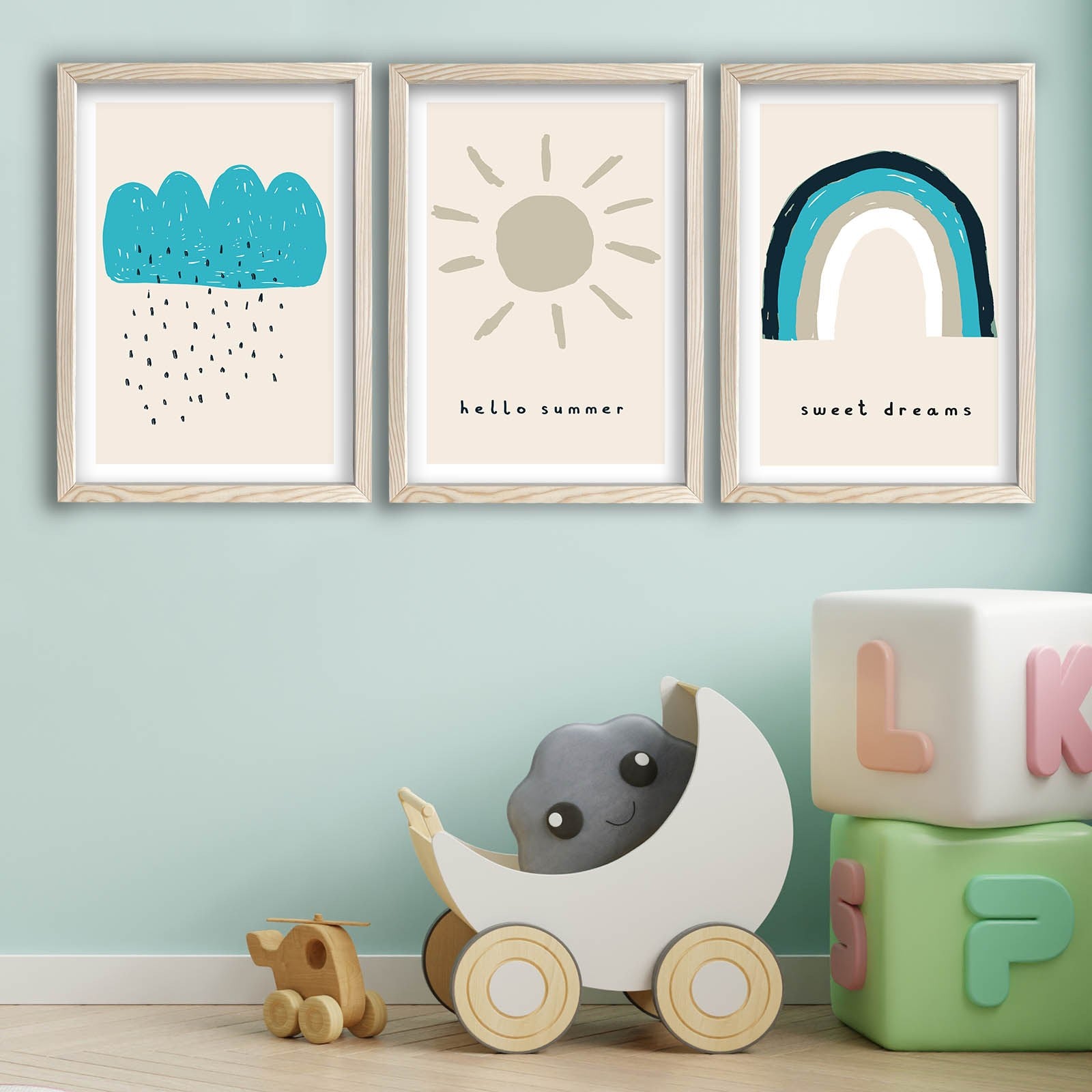 Conjunto de 3 Quadros Decorativos MDF com Moldura - Tons de Azul 53x118cm