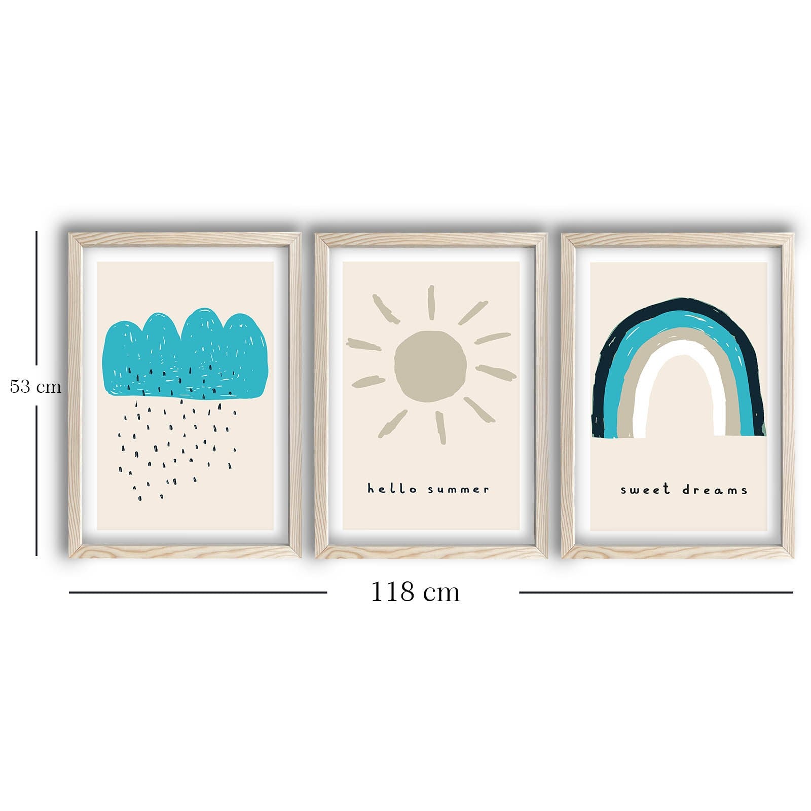 Conjunto de 3 Quadros Decorativos MDF com Moldura - Tons de Azul 53x118cm