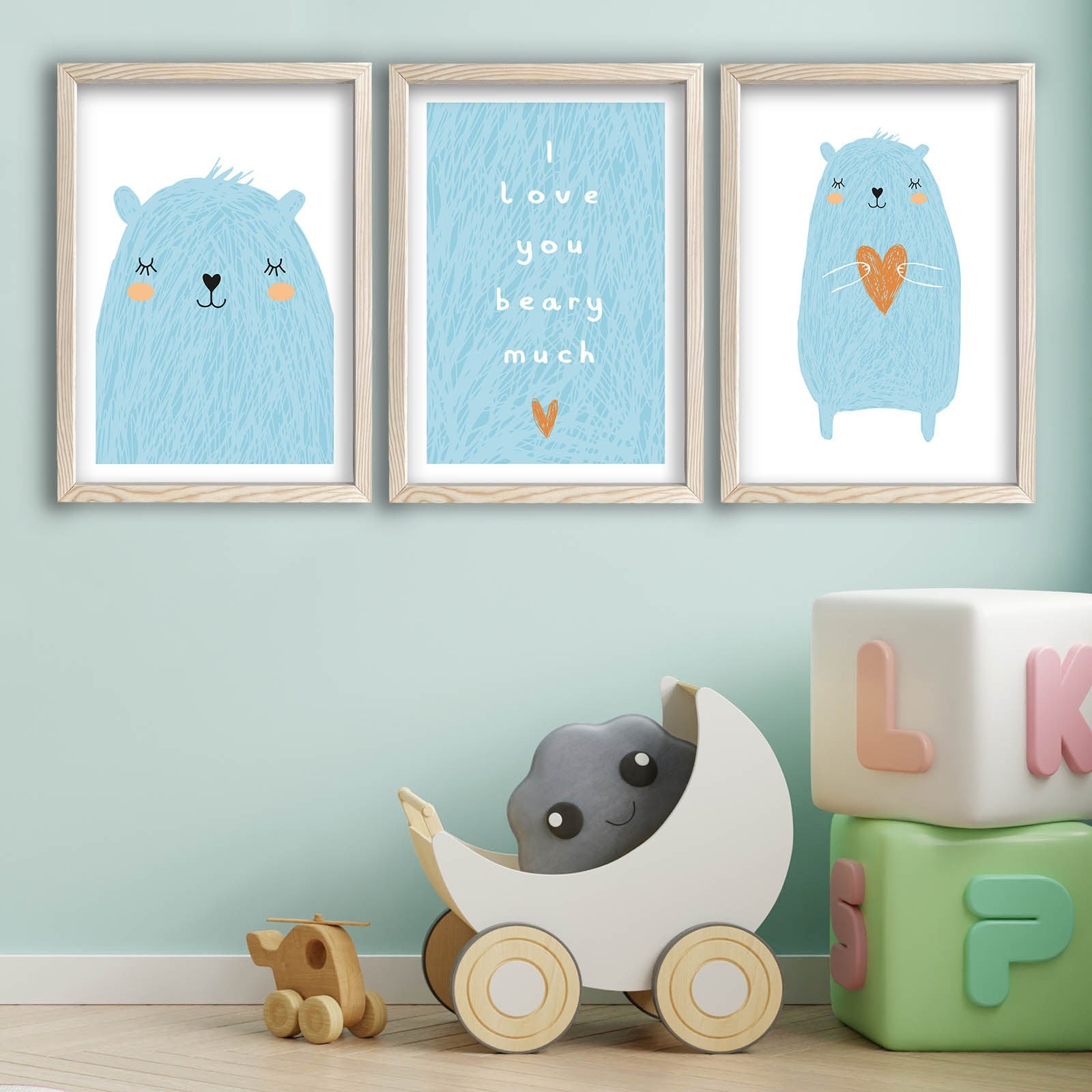 Conjunto de 3 Quadros Decorativos MDF com Moldura - Azul e Branco 53x118cm