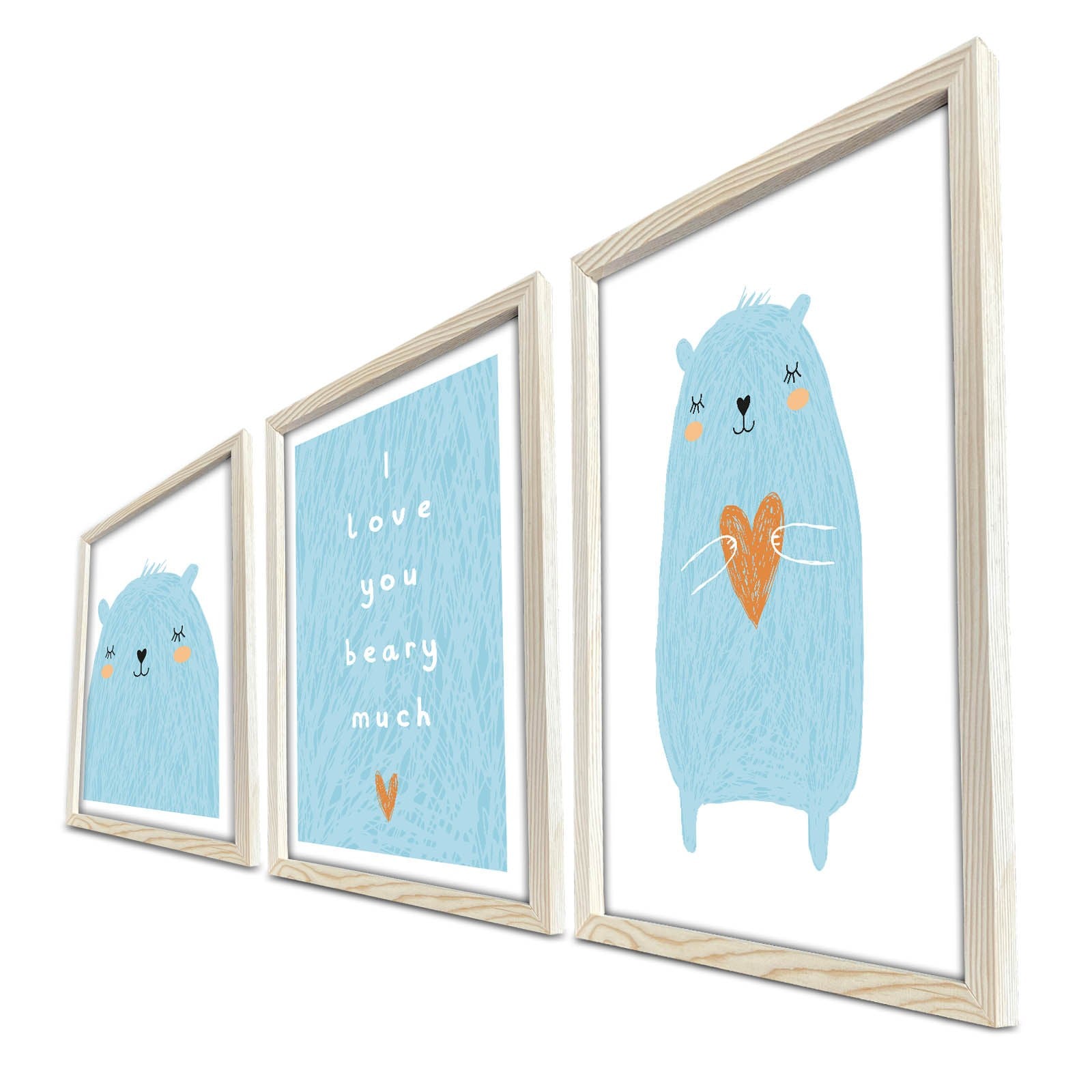Conjunto de 3 Quadros Decorativos MDF com Moldura - Azul e Branco 53x118cm
