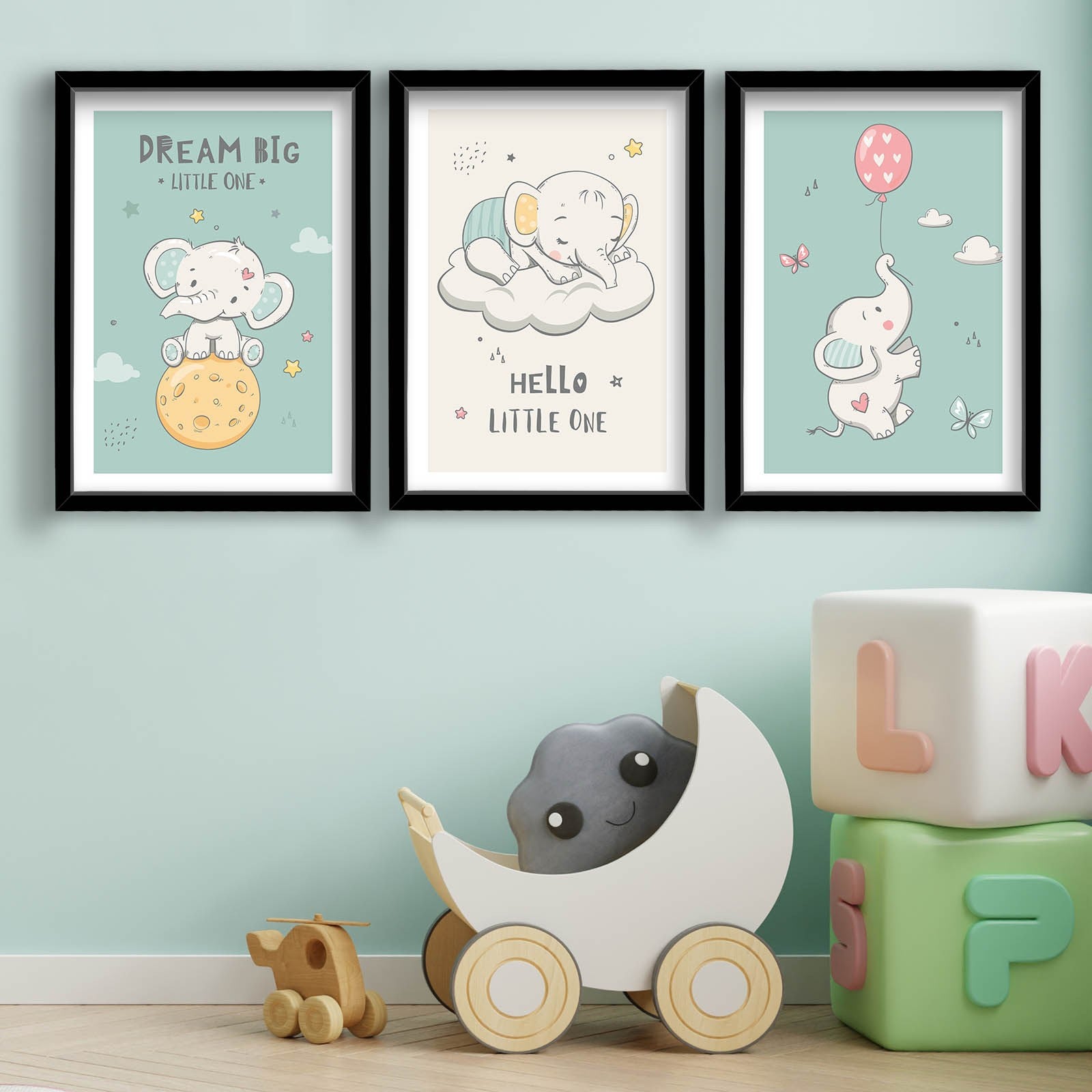 Conjunto de 3 Quadros Decorativos MDF com Moldura - Verde e Branco 53x118cm