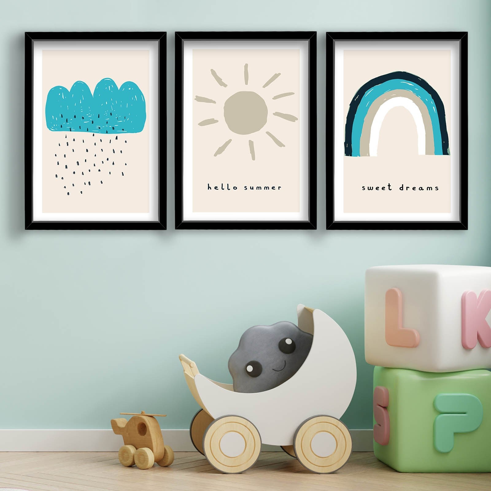 Conjunto de 3 Quadros Decorativos MDF com Moldura - Tons de Azul 53x118cm